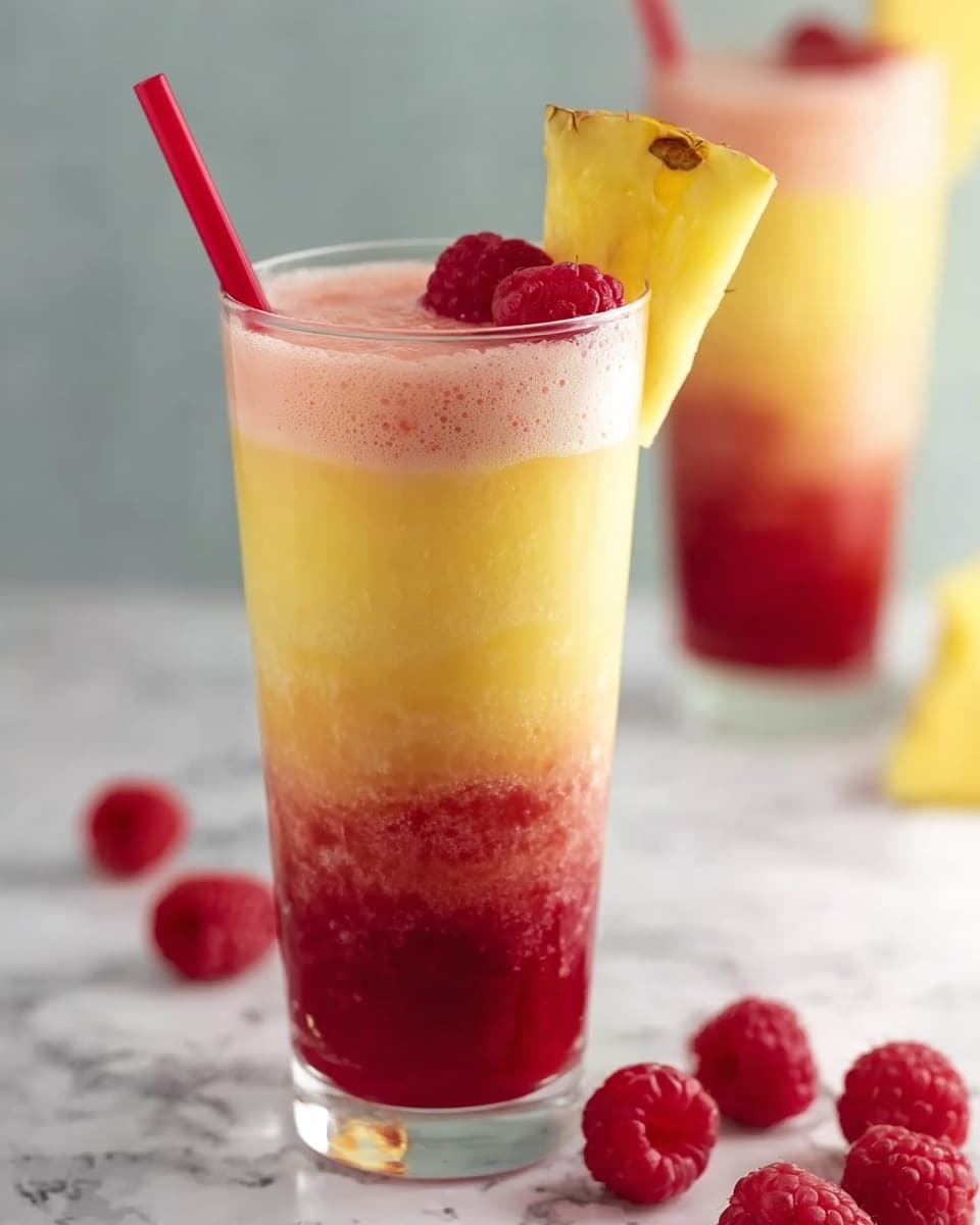 A tall clear glass shows a three-layered drink placed on a white marbled surface. The bottom layer is a deep red with a slightly thick texture. Above it is a smooth bright yellow layer that fills most of the glass. The top layer is a light pink frothy foam. The drink is garnished with fresh raspberries and a red straw poking out. There is a small yellow pineapple slice on the rim of the glass. In the background, there is a second similar glass and scattered raspberries on the surface. photo taken with an iphone --ar 4:5 --v 7
