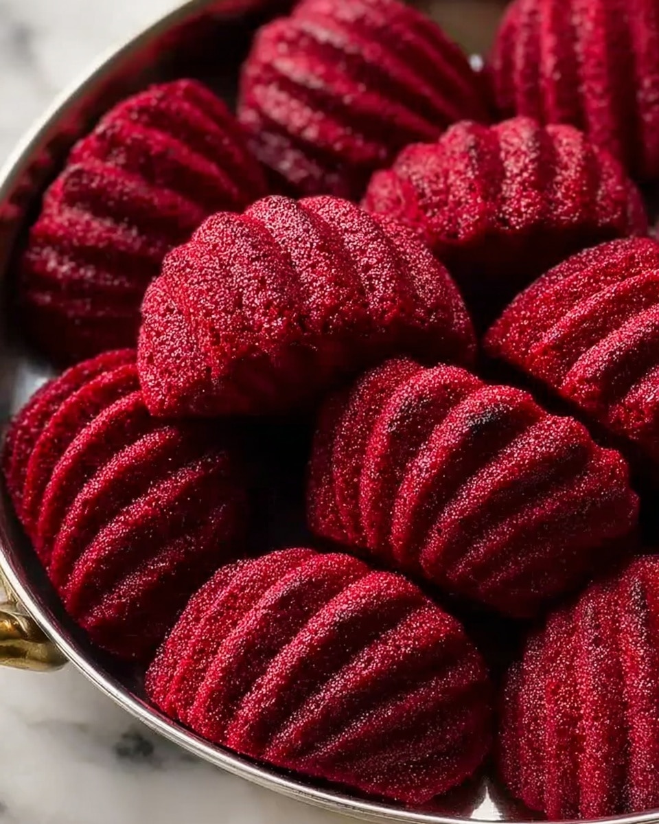 The image shows several deep red, ridged pastries arranged closely together in a silver pan. Each pastry has a round shape with thick, even ridges running from top to bottom, giving them a textured, grooved look. The surface of the pastries appears crumbly and slightly rough, covered with a fine red powder. The pan holding the pastries is resting on a white marbled surface, making the rich red color of the pastries stand out sharply. Photo taken with an iphone --ar 4:5 --v 7