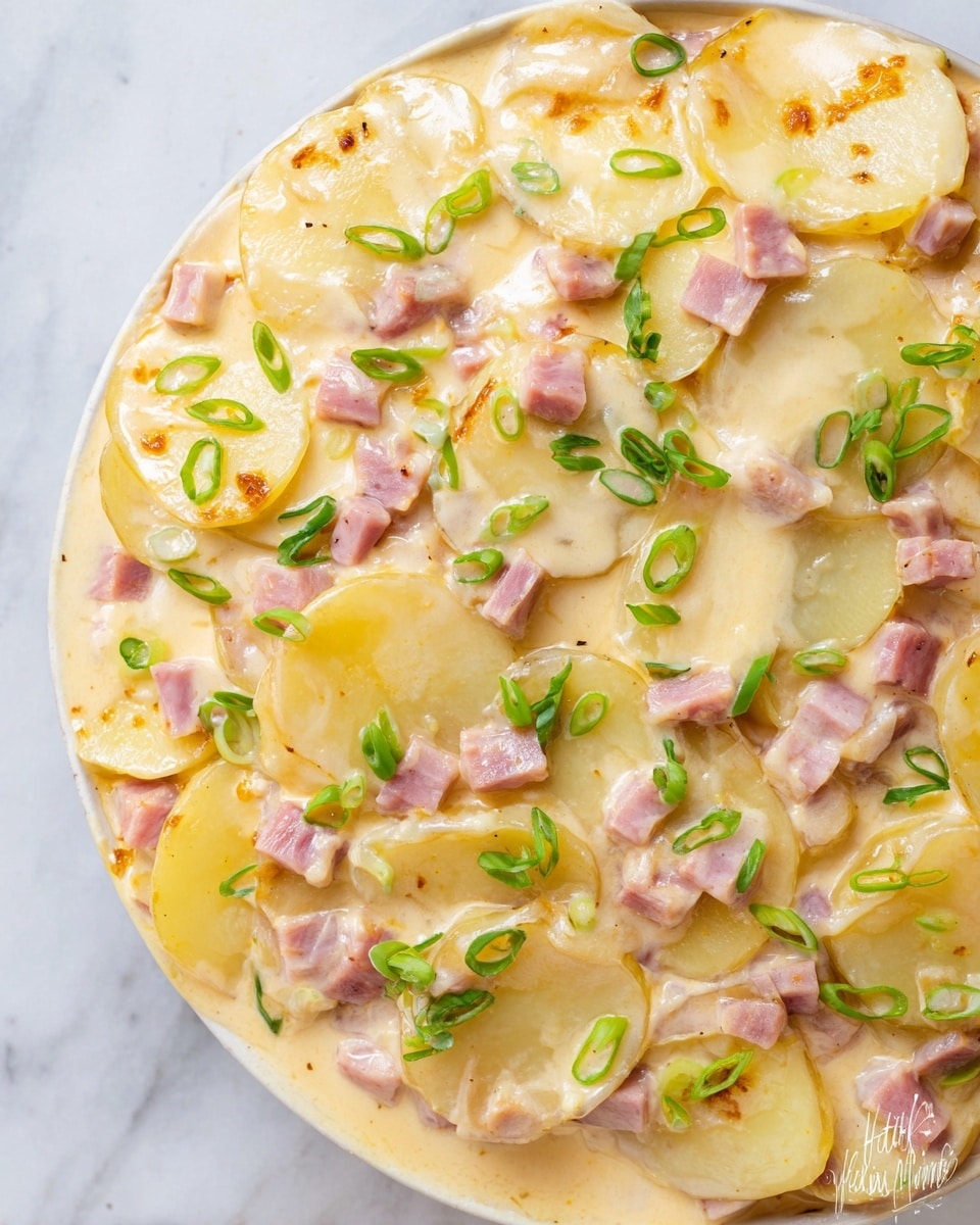 The image shows a creamy potato dish with three main layers. The base layer consists of round, thin slices of light yellow potatoes with a smooth texture, slightly overlapping each other. On top of the potatoes is a thick, creamy sauce that is pale yellow with a rich, smooth texture. Scattered throughout the sauce are small, cubed pieces of pig pink ham with lightly browned edges. The dish is garnished with bright green slices of scallions evenly spread across the surface. All of these layers rest on a white marbled texture background. photo taken with an iphone --ar 4:5 --v 7