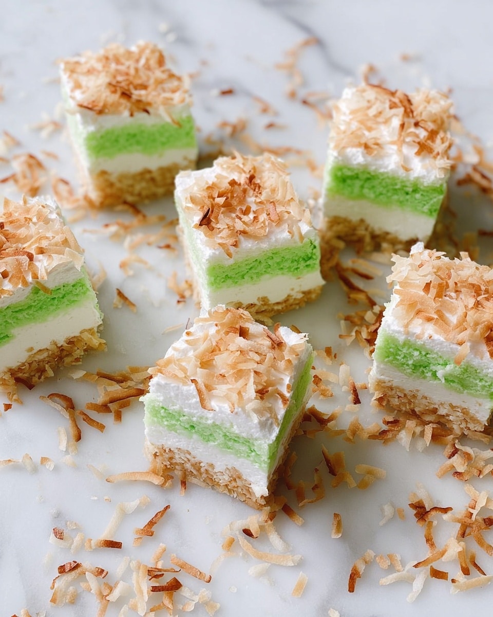 The image shows seven square pieces of a layered dessert on a white marbled surface, scattered with toasted coconut flakes. Each piece has three distinct layers: a bottom layer covered in toasted shredded coconut with a light golden-brown texture, a middle white creamy layer with a smooth texture, and a top bright green layer with a fluffy, whipped texture. The pieces are arranged in a loose circle with some toasted coconut spread around them. Photo taken with an iphone --ar 4:5 --v 7