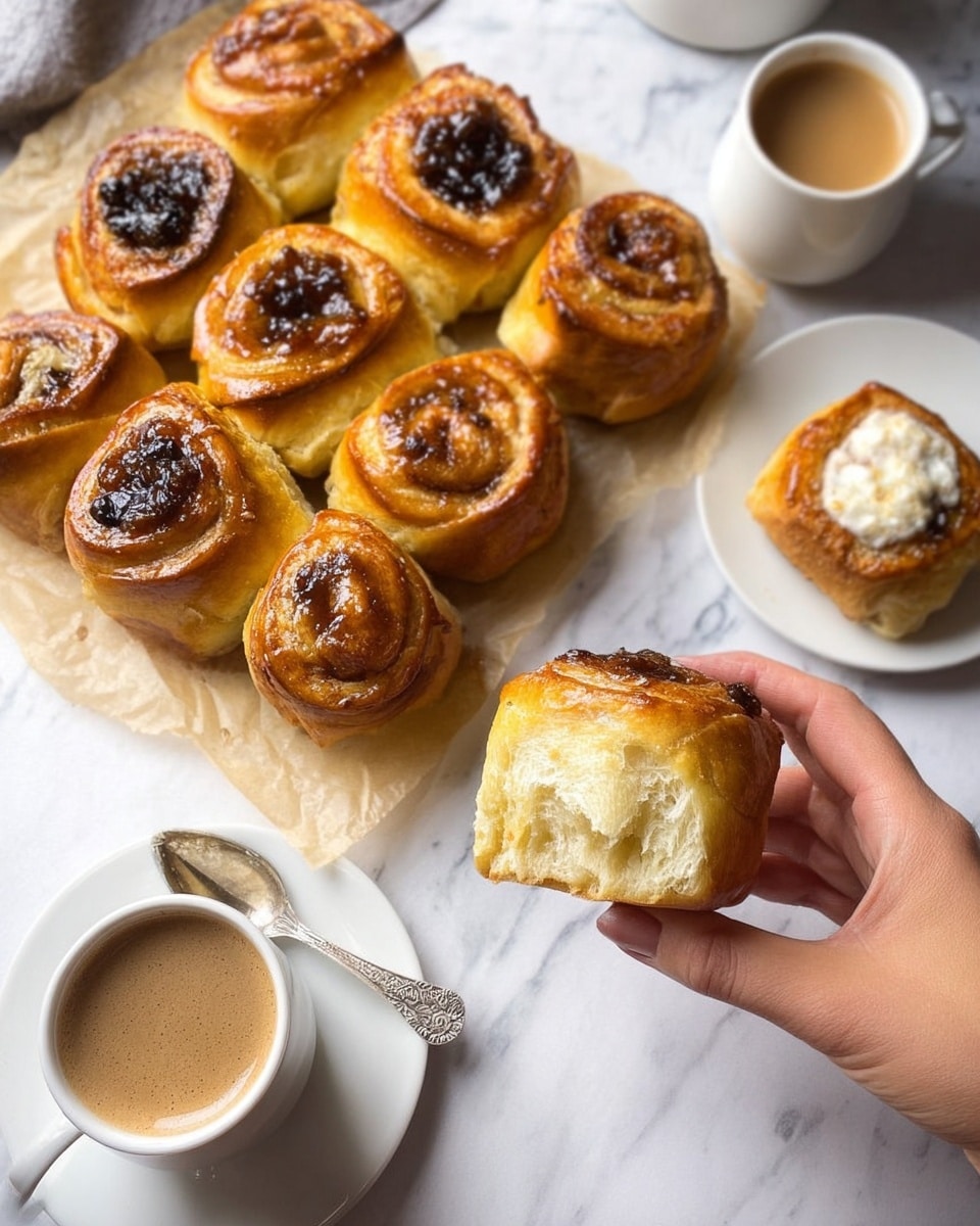 A cluster of golden brown sweet rolls, each topped with a different filling like dark prune, creamy white cheese, and amber-colored jam, arranged on parchment paper over a white marbled surface; one roll is held by a woman's hand in the foreground, showing a fluffy, soft interior. Nearby, two white cups with light brown frothy coffee sit with small white spoons inside. On a clean white plate, two more sweet rolls, one with a dark filling and one with white cheese filling, are placed alongside an ornate silver spoon. The lighting highlights the shiny and soft textures of the rolls and the smooth coffee foam. photo taken with an iphone --ar 4:5 --v 7
