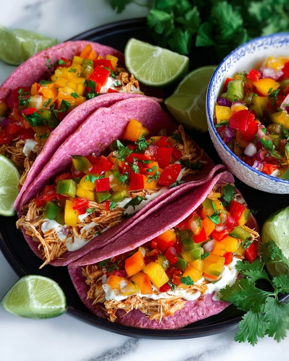 The image shows three vibrant pink corn tortillas, each folded and filled with three layers: the base layer is a white creamy spread, the middle layer contains shredded light brown chicken, and the top layer is a colorful mix of diced red, yellow, green, and orange bell peppers with bits of chopped onion and herbs. The tacos are placed on a white plate with lime wedges and fresh green cilantro scattered around. In the corner, there is a white bowl with a blue pattern holding more of the mixed colorful salsa. The background surface is white marbled texture. Photo taken with an iphone --ar 4:5 --v 7