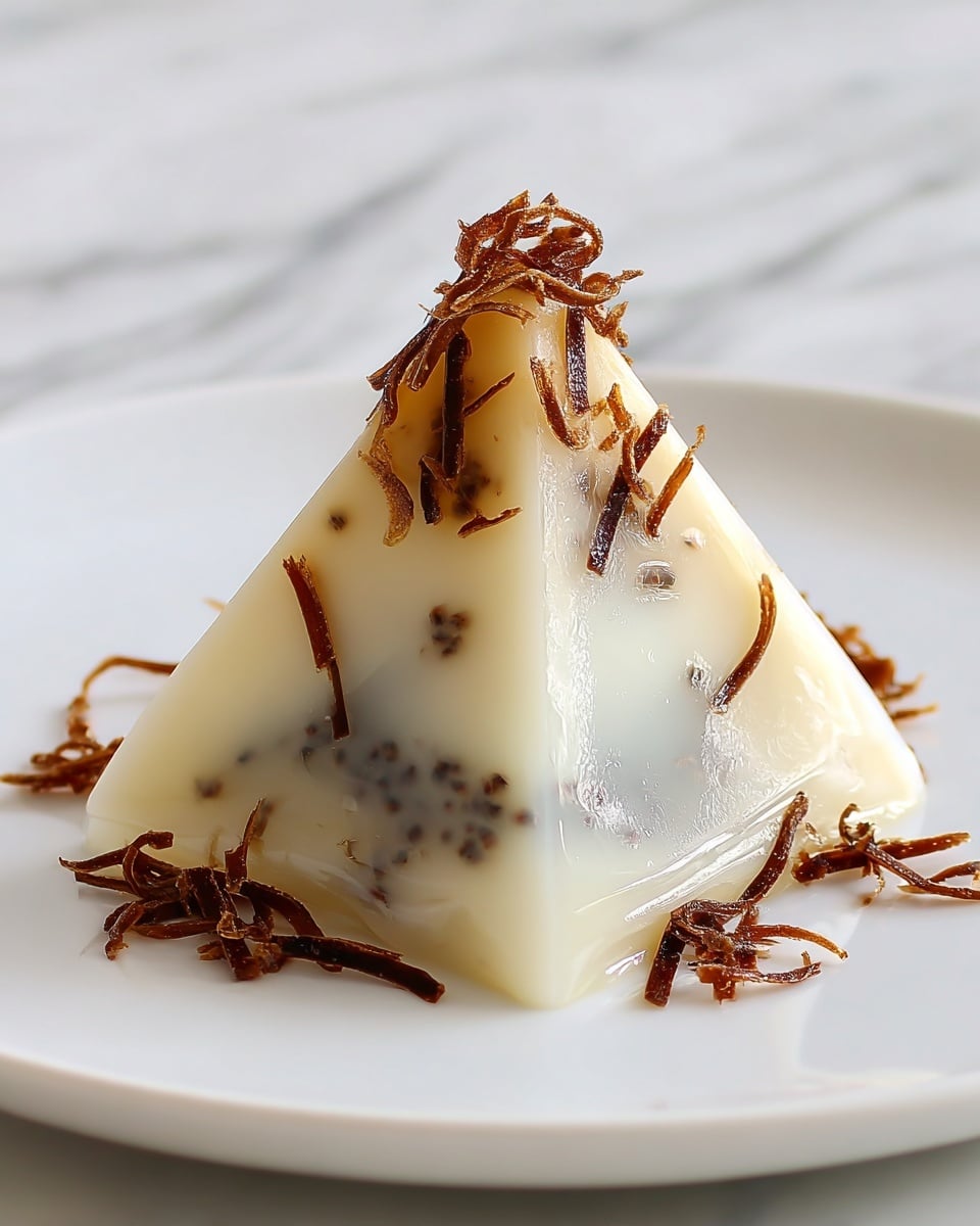 A pyramid-shaped dessert with a smooth, glossy white outer layer featuring a few dark spots underneath, likely from an inner filling visible through the translucent surface; the dessert is topped with thin, curly brown strips scattered across the top and around the base, all placed on a plain white plate against a white marbled background. photo taken with an iphone --ar 4:5 --v 7