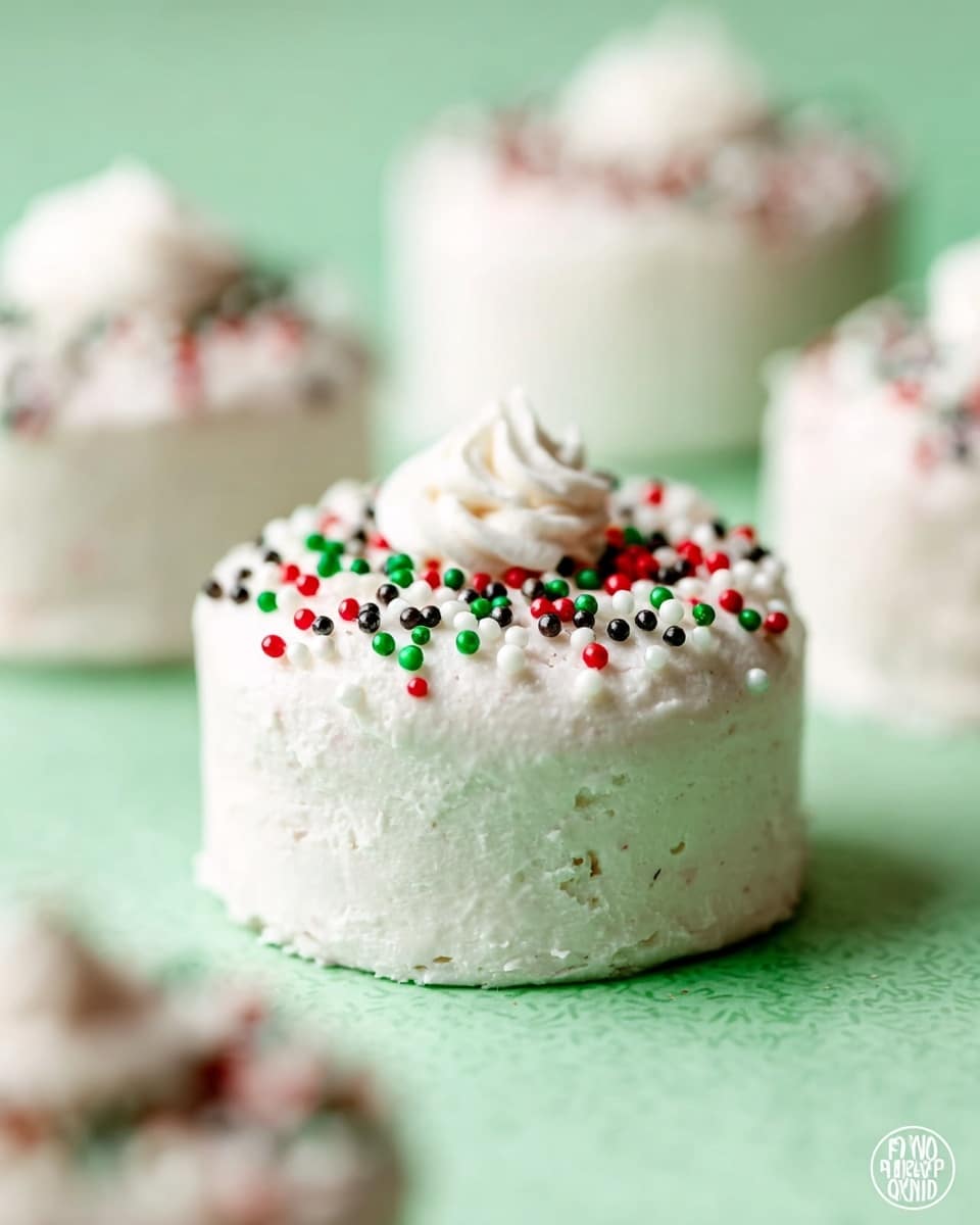 The image shows a small round cake with two layers covered in smooth white frosting. The top layer is decorated with small round colorful sprinkles in red, green, black, and white, with a small white dollop of frosting in the center. In the background, there are more similar frosted cakes, all on a soft green surface. The texture of the frosting looks creamy and light, giving the cake a festive appearance. photo taken with an iphone --ar 4:5 --v 7