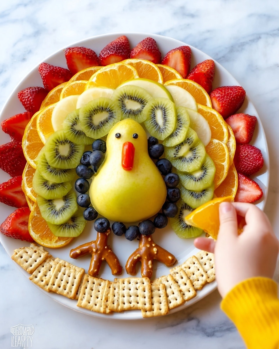 The dish is a creative fruit and snack arrangement shaped like a turkey, centered on a white plate. The turkey body is made of a yellow pear placed in the middle. Surrounding the pear, there are five kiwi slices arranged like feathers, all green with black seeds. Around the feathers, there is a ring of orange slices with white rind, followed by a layer of red strawberry halves, and outermost, a layer of dark blue blueberries, creating colorful concentric circles. The turkey’s legs and feet are made from small pretzel sticks, positioned below the pear body. At the bottom edge of the plate, a neat line of square pretzels forms the ground. A woman’s hand is holding one of the kiwi slices near the pear. The plate is on a white marbled surface. Photo taken with an iphone --ar 4:5 --v 7