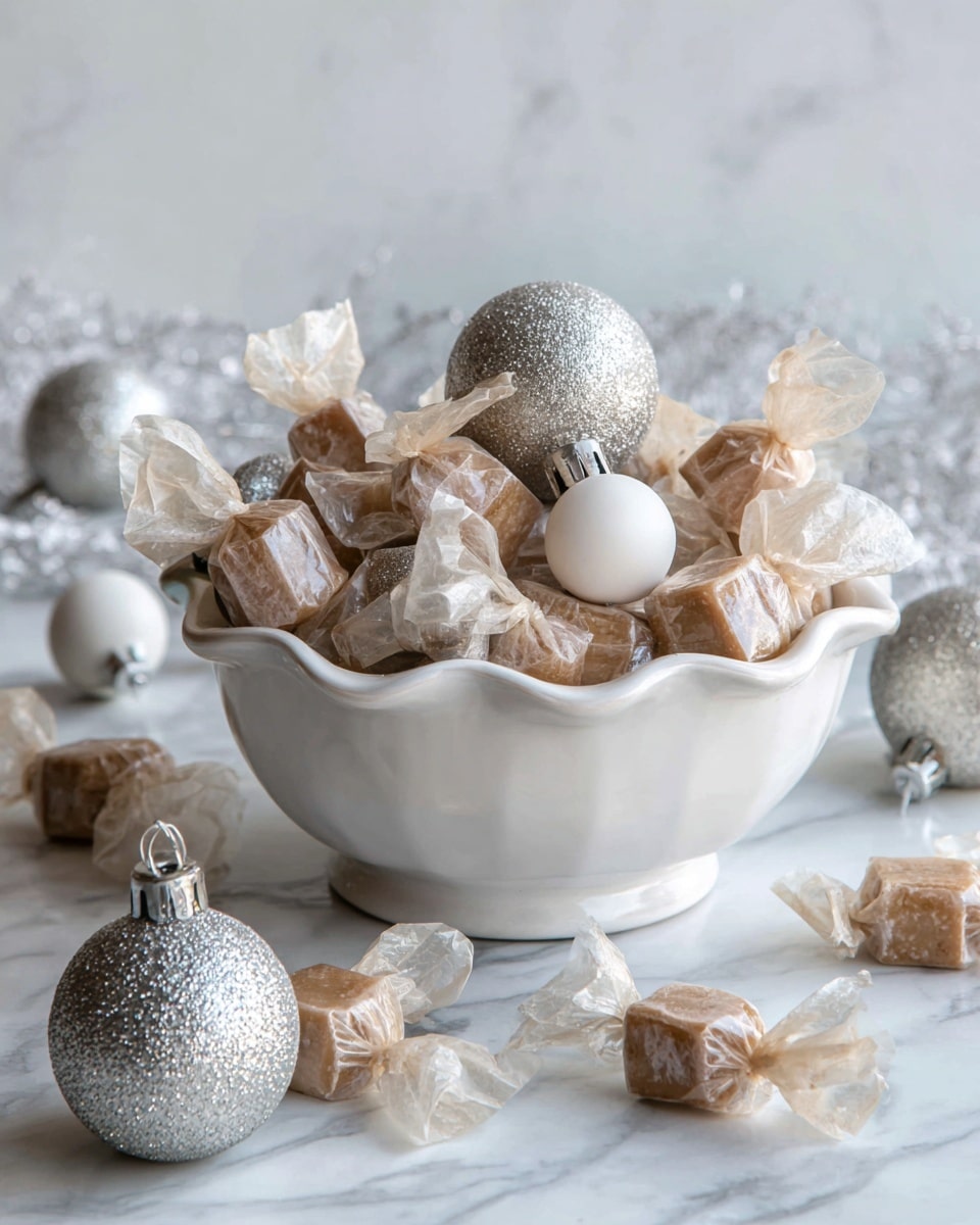 A white scalloped bowl filled with many small treats wrapped in light brown paper twisted at both ends, resembling candies. Mixed in with the wrapped treats are several round Christmas ornaments in silver, glittery silver, and white colors, creating a festive mix. More of the wrapped treats are scattered around the bowl on a white marbled surface, giving a casual and inviting feel. The overall color palette is neutral with white, brown, and metallic silver tones. photo taken with an iphone --ar 4:5 --v 7