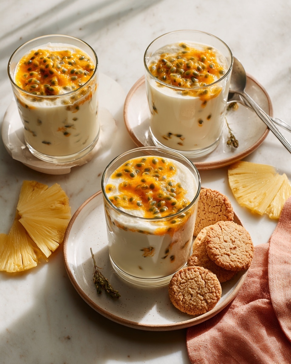 The image shows three clear glass cups filled with a creamy white dessert topped with bright orange passion fruit pulp and black seeds. Each glass is on a white plate with scattered light brown cookies that have a rough texture and some green bits, likely nuts or herbs. Around the plates, there are thin, pale yellow slices of dried pineapple. One plate has a metal spoon resting beside the glass. A soft rust-colored cloth napkin is placed under one of the plates. The whole scene is set on a white marbled surface with natural light casting soft shadows, giving a fresh and inviting look. Photo taken with an iphone --ar 4:5 --v 7