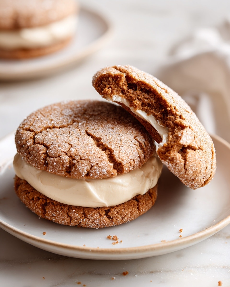 A round cookie sandwich with two light brown cookies showing a cracked, sugar-dusted texture on top, and a smooth, light beige cream filling visible between the cookie layers. One side of the cookie has a bite taken out, revealing the soft cream inside. The sandwich rests on a white plate placed on a white marbled surface with soft natural light illuminating the scene. photo taken with an iphone --ar 4:5 --v 7