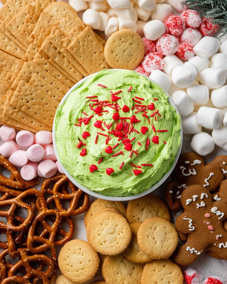A white round bowl in the center filled with bright green whipped dip decorated with red heart-shaped and stick sprinkles on top, surrounded by an assortment of snacks arranged in layers: light tan rectangular saltine crackers stacked on the top left, round yellowish peanut butter cookies at the bottom, small pretzels forming a dense cluster below the bowl, white round meringues on the left, white mini marshmallows arranged near the bottom right along with white and pink twisted marshmallows, and brown gingerbread man-shaped cookies placed on the right side. The background is a white marbled texture photo taken with an iphone --ar 4:5 --v 7