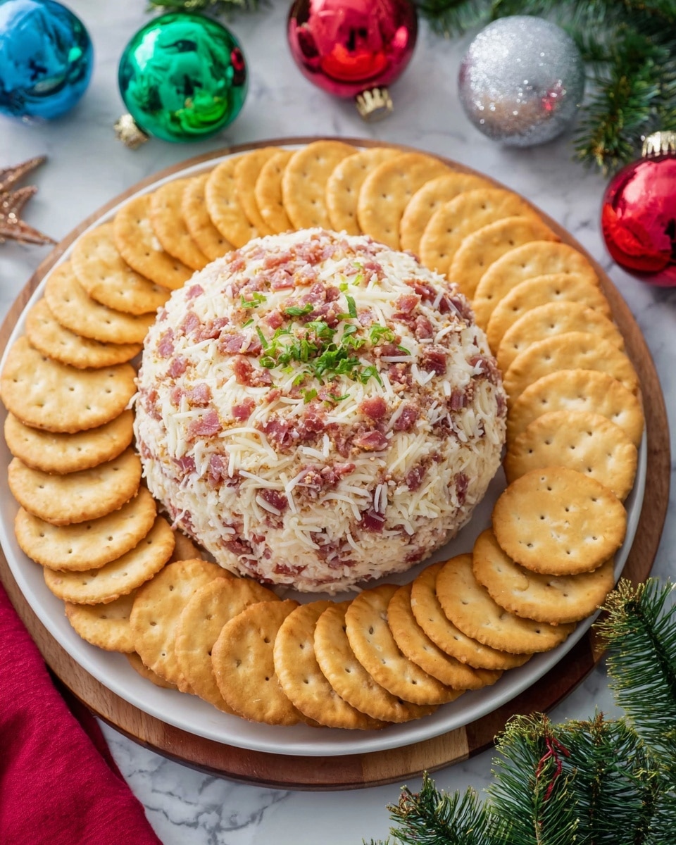 A round cheese ball covered evenly with shredded white cheese and small pieces of reddish meat sits in the center of a large white plate. Surrounding the cheese ball are two layers of golden round crackers arranged neatly in overlapping circles. There are a few small green herb pieces sprinkled on top of the cheese ball. The plate is set on a white marbled surface decorated with green pine branches and colorful red, green, blue, and silver Christmas ornaments in the background. Photo taken with an iphone --ar 4:5 --v 7