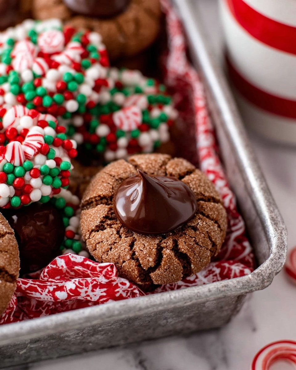 A close-up view of a metal tray lined with a red and white patterned cloth, filled with two types of cookies. One cookie type has a cracked brown textured base with a smooth, dark chocolate dollop in the center. The other cookie type has a similar brown base covered in red, green, and white round sprinkles with a white and red striped peppermint candy embedded in the middle and slightly melting. The focus is on these cookies, placed on a surface with a white marbled texture, with part of a white cup with red stripes visible on the right. photo taken with an iphone --ar 4:5 --v 7