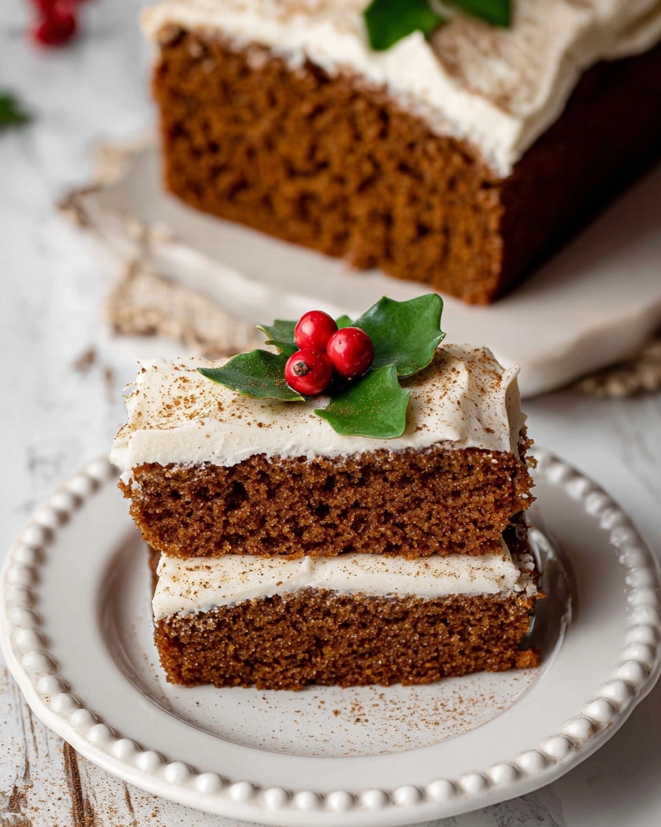 The image shows a loaf of brown cake with two slices cut and placed stacked on a white plate with a beaded edge. The cake has two layers of brown, dense crumb and thick layers of white creamy frosting between and on top, sprinkled lightly with a brown powder. On top of the whole loaf, there are two bright red berries and two green leaves as decoration. The setting is on a white marbled surface. photo taken with an iphone --ar 4:5 --v 7