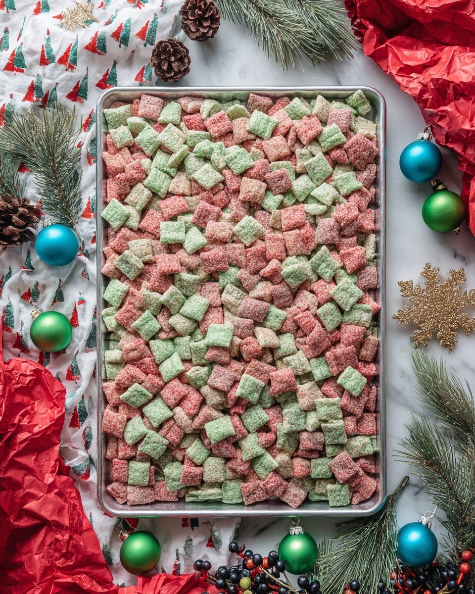 A large metal tray is filled with a single even layer of small square and rectangular cereal pieces coated in red, green, and light green powder with a slightly powdery texture. Around the tray are Christmas-themed decorations including pine branches, colorful round ornaments in blue, green, and red, pinecones, a golden snowflake, and red and black berries. The whole scene is set on a white marbled surface partially covered by a white cloth with multicolored Christmas tree prints and crumpled red tissue paper with a piece of twine. photo taken with an iphone --ar 4:5 --v 7