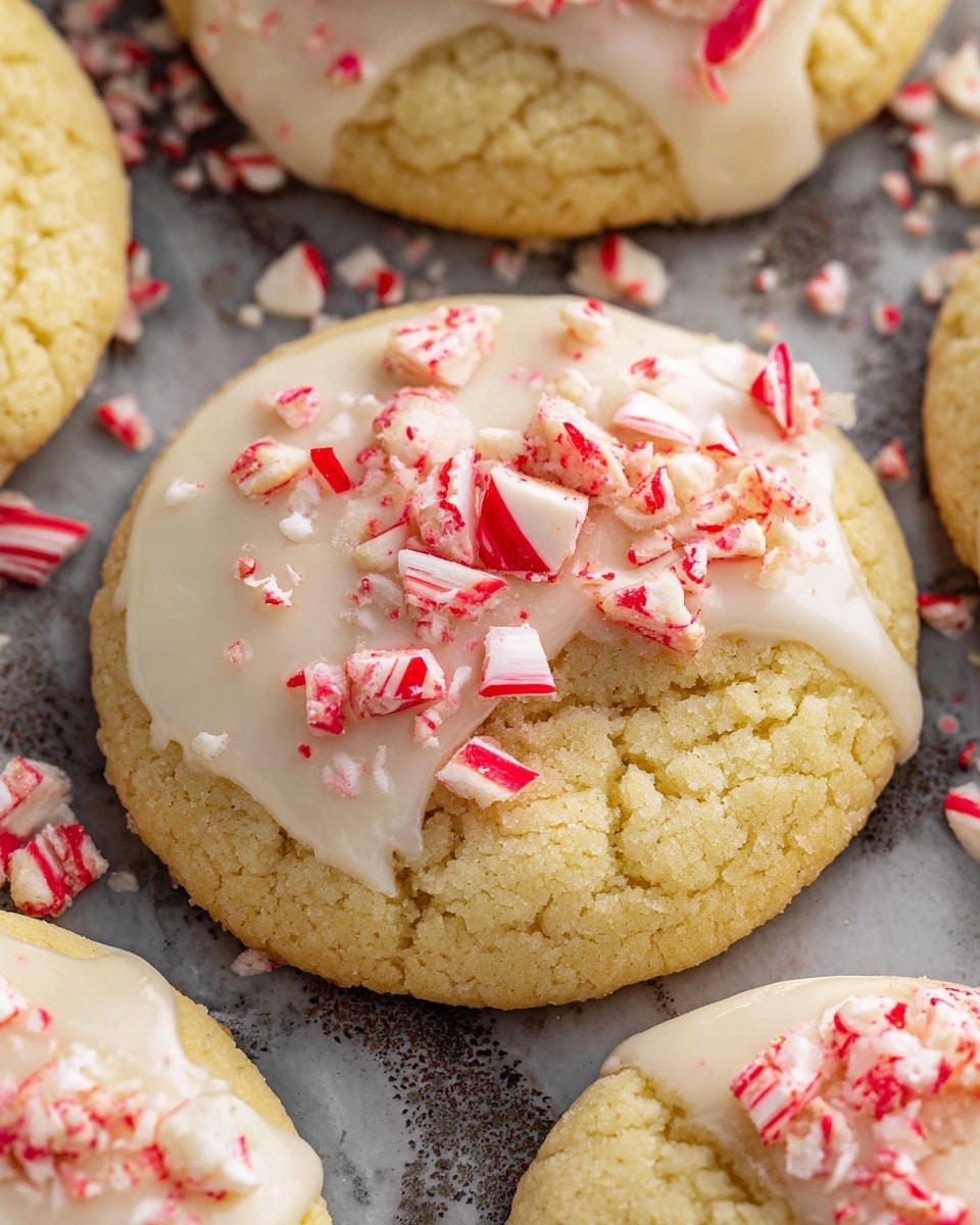 A close-up view of soft, round cookies with a light yellow color and a crumbly texture. Each cookie is dipped halfway in smooth white icing, which is glossy and thick. On top of the icing, there are broken pieces of bright red and white candy canes scattered unevenly, adding a crunchy texture and festive look. The cookies are arranged on a dark patterned surface, but the background is changed to a white marbled texture. Photo taken with an iphone --ar 4:5 --v 7