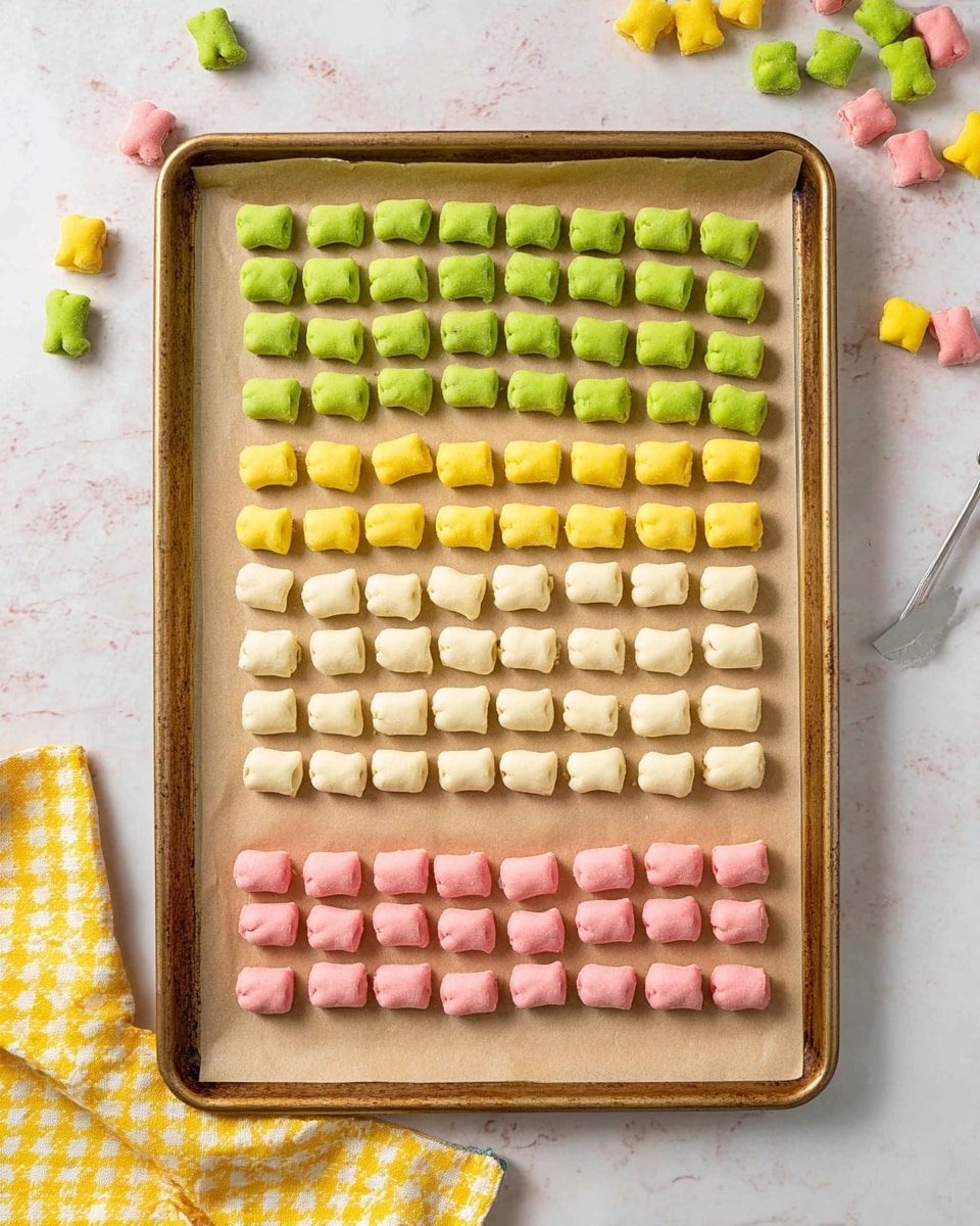 A baking tray lined with parchment paper holds four neat rows of small pillow-shaped pieces of dough, arranged by color from top to bottom: bright green, warm yellow, soft pink, and creamy white. Each dough piece is uniformly shaped with a smooth texture, slightly rounded edges, and a plump form that suggests softness. The tray rests on a white marbled surface, with a few small, colorful dough pieces scattered nearby and a yellow checkered cloth partially visible at the bottom left corner. The overall scene is bright and orderly, highlighting the vibrant colors of the dough pieces ready for baking. photo taken with an iphone --ar 4:5 --v 7
