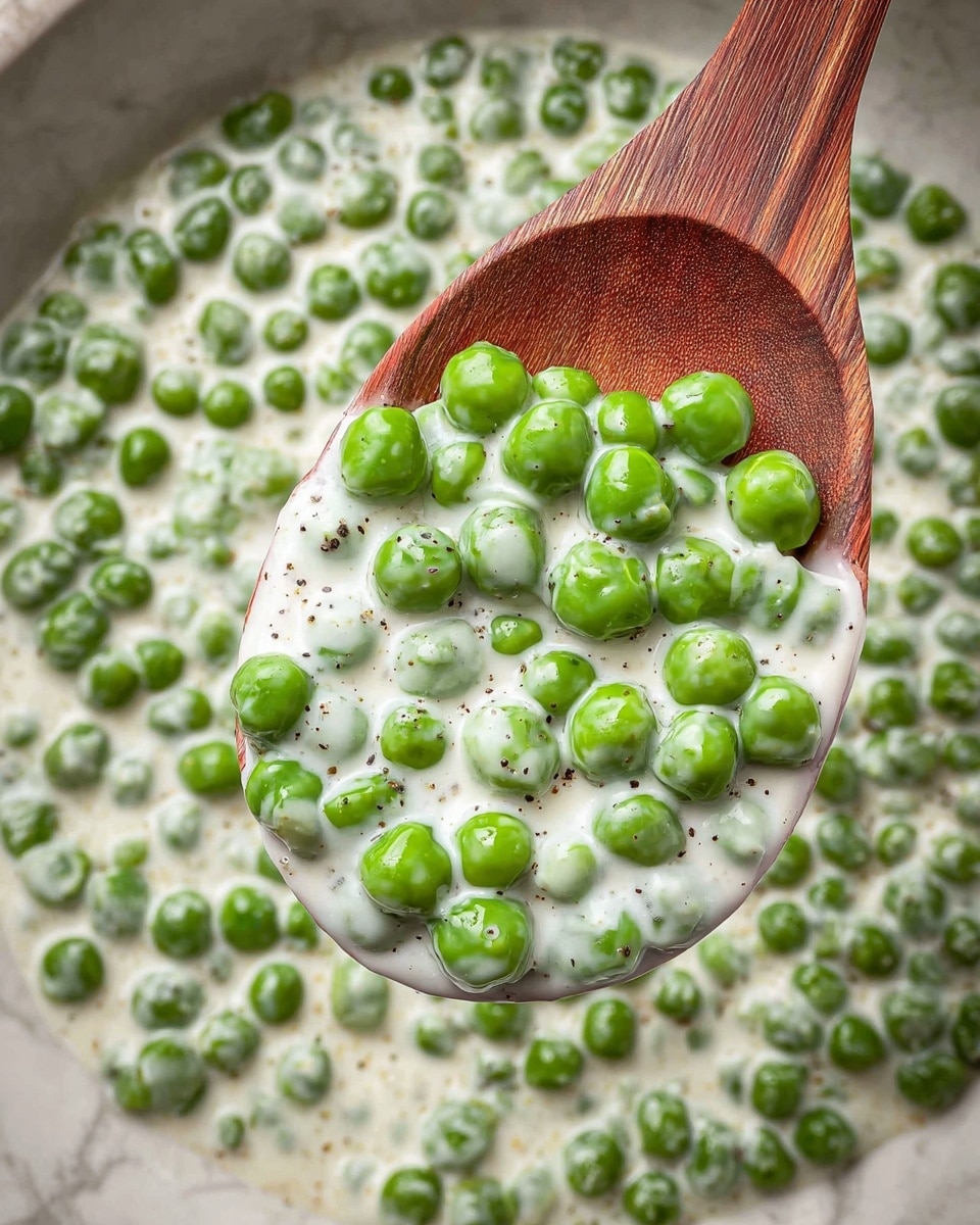 A close-up view of a wooden spoon holding a creamy green pea dish, showing two main layers: bright green peas and a thick white sauce speckled with black pepper, with the spoon hovering over a shallow white bowl filled with the same creamy pea mixture, all set on a white marbled texture. photo taken with an iphone --ar 4:5 --v 7