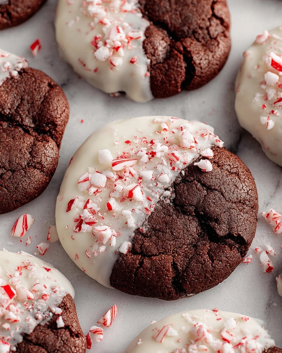 The image shows several round chocolate cookies on a white marbled surface, each half dipped in smooth white coating. The coating is thick and creamy, covering one half of the cookie, with crushed red and white peppermint candy pieces scattered on top and around the cookies. The cookies have a cracked, slightly textured dark brown surface on the non-coated half, creating a contrast with the shiny white layer and the specks of peppermint. The cookies are closely placed together, giving a cozy, festive feel. Photo taken with an iphone --ar 4:5 --v 7