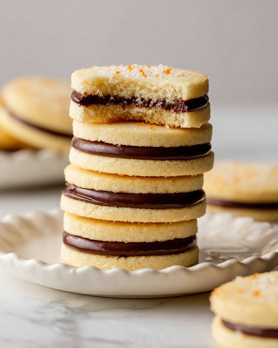 A stack of four round sandwich cookies sits centered on a white plate with scalloped edges, each cookie made of two pale yellow shortbread layers with a smooth, thick dark brown chocolate filling in the middle. The top cookie has a bite taken out of it, showing the crumbly texture of the shortbread and the dense chocolate layer inside. To the right of the plate, three more identical cookies are visible, all on a white marbled surface. The shortbread tops have small sugar crystals and tiny orange specks, adding texture and color contrast. Photo taken with an iphone --ar 4:5 --v 7