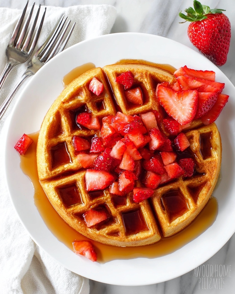 A white plate holds a golden-brown waffle divided into four sections, each with square indents filled with amber syrup. Bright red chopped strawberries are scattered across the waffle, with a small stack of neatly sliced strawberry pieces placed near the center. The plate rests on a white marbled surface with two silver forks positioned nearby and a whole strawberry placed on a white cloth next to the plate. photo taken with an iphone --ar 4:5 --v 7