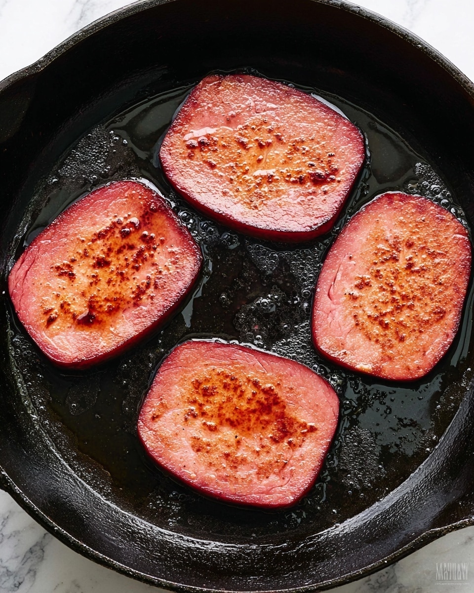The image shows four slices of fried pinkish-red luncheon meat cooking in a black cast iron pan. Each slice has a slightly browned surface with a shiny, oily texture from cooking. The slices are placed separately but close to each other, with a few small charred spots and bubbling oil visible around them. The background is a white marbled texture. photo taken with an iphone --ar 4:5 --v 7
