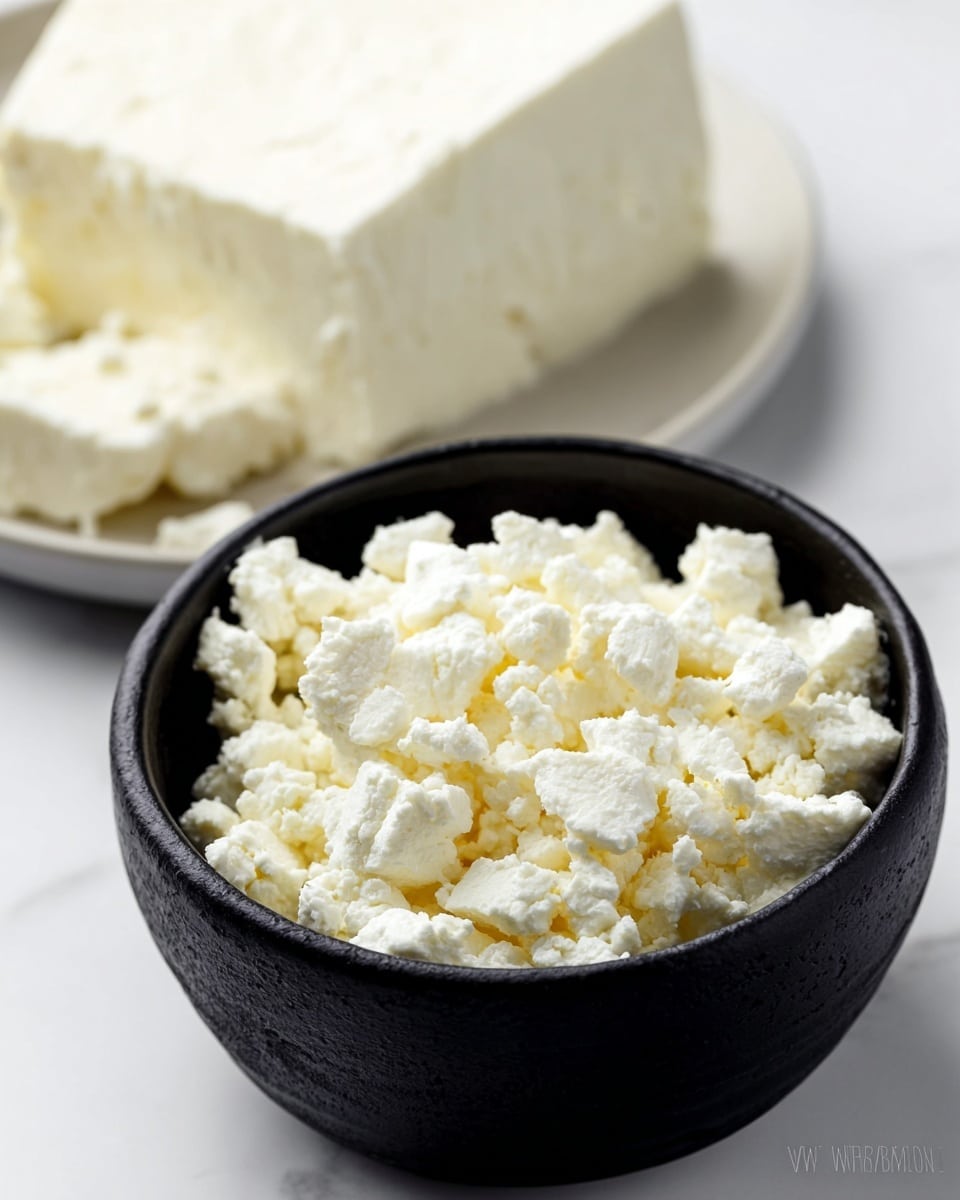 A close-up image of a black bowl filled with crumbly, white cottage cheese, showing small and medium-sized curds with a soft texture. In the blurred background, there is a white plate holding large chunks of the same white cottage cheese. The items are placed on a white marbled surface, creating a clean and simple setting. Photo taken with an iphone --ar 4:5 --v 7