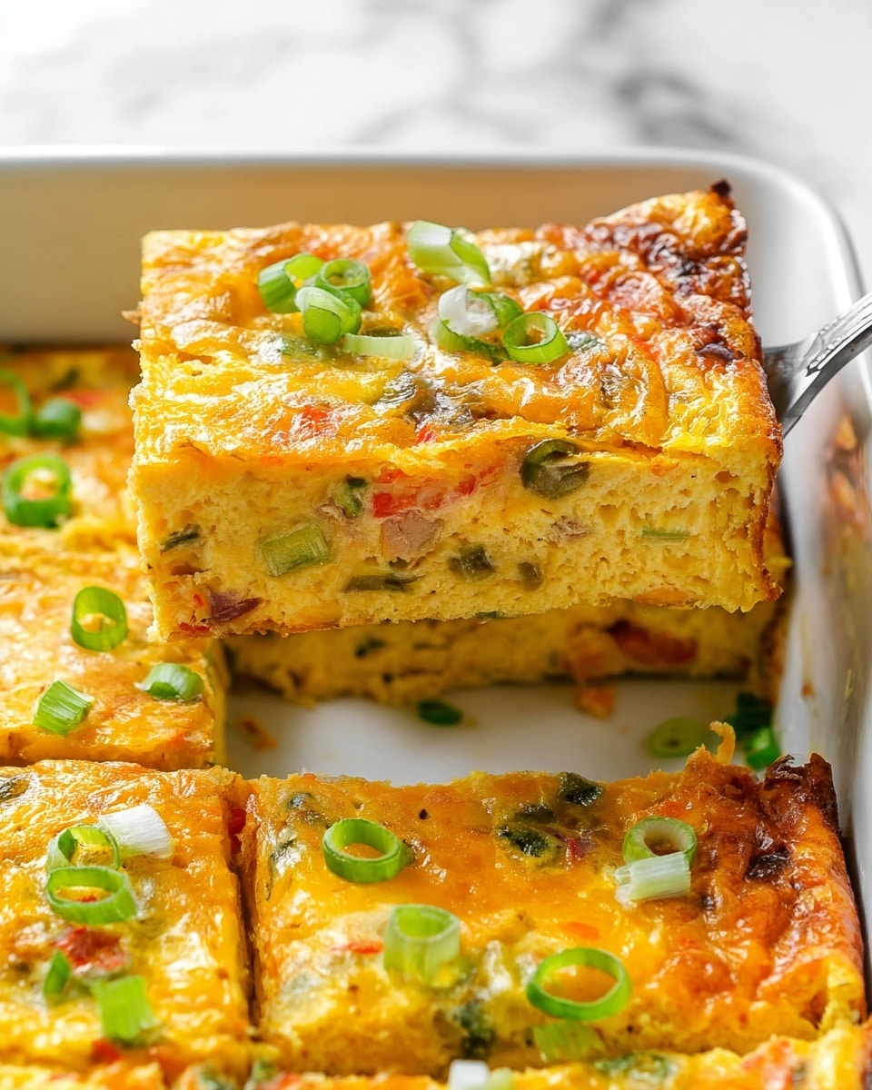 A close-up image of a thick, square slice of baked egg casserole being lifted from a white baking dish with a fork. The casserole shows three visible layers: the top layer is golden brown melted cheese, bubbly and slightly browned around the edges, scattered with thinly sliced bright green scallions. The middle layer is a creamy, light yellow egg mixture embedded with small pieces of vegetables like red and green bell peppers. The bottom layer is denser, with slightly browned edges and visible bits of cooked vegetables. The casserole pieces in the dish are cut into neat squares, topped with extra scallion rings. The background is a white marbled texture. photo taken with an iphone --ar 4:5 --v 7