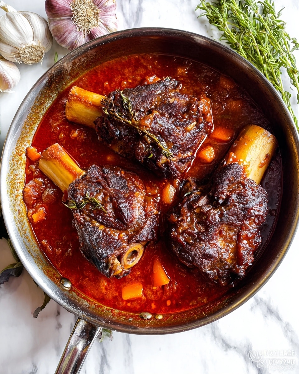The image shows a metal pan filled with three large pieces of dark brown, charred beef shanks with visible bones, sitting in a rich, thick red tomato sauce with chunks of orange carrots and small bits of herbs scattered in the sauce. The pan handle is partially visible at the bottom. The pan rests on a white marbled surface with whole garlic bulbs and shallots placed nearby, along with a few sprigs of fresh green herbs visible on the right side. photo taken with an iphone --ar 4:5 --v 7