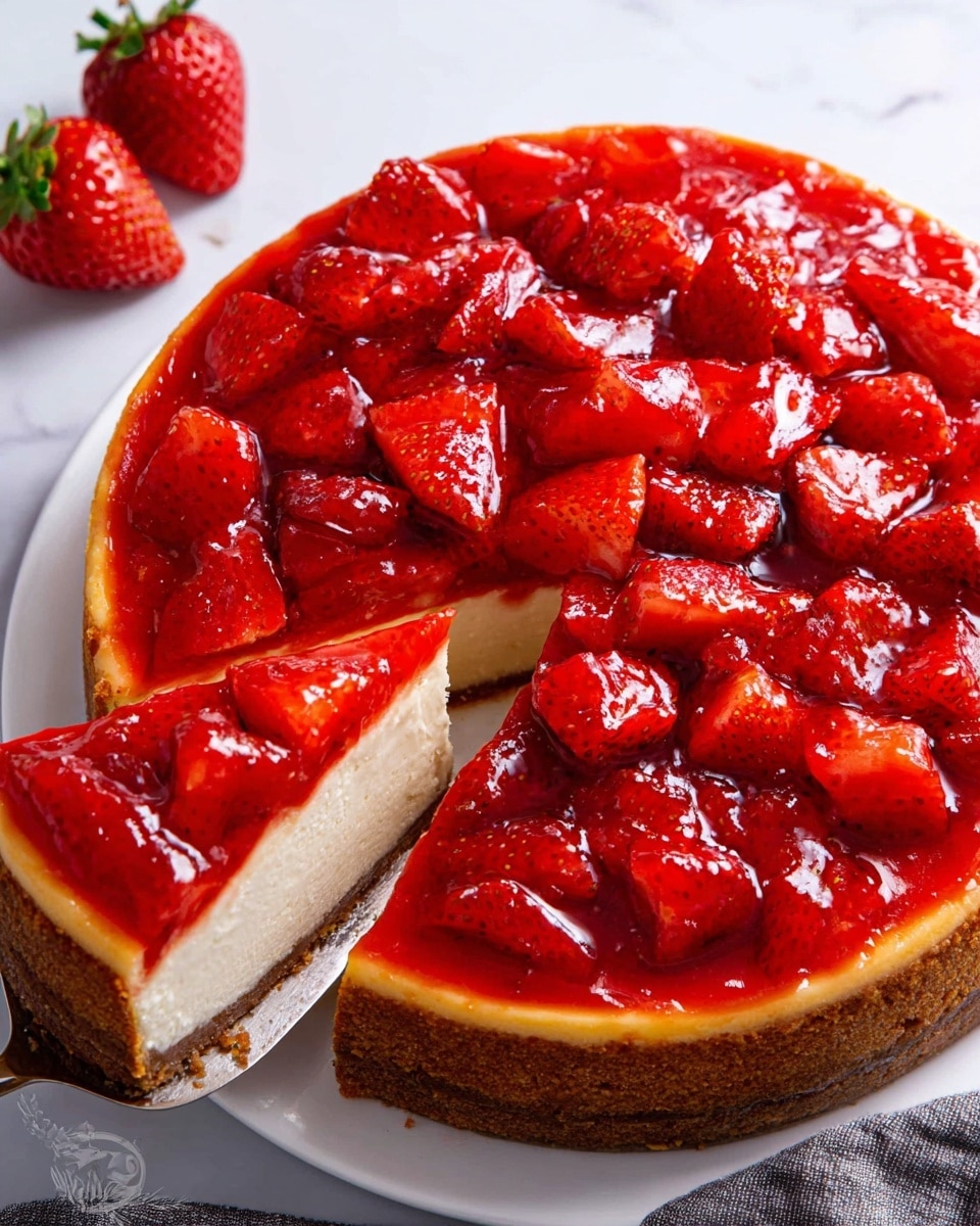 A round cheesecake with three clear layers is shown on a white plate against a white marbled background. The bottom layer is a golden-brown crust with a slightly crispy edge. Above it, the middle layer is smooth, creamy, and pale yellow with a soft texture. The top layer is a thick coating of bright red strawberry topping made of large, shiny strawberry pieces in a glossy red syrup. One slice is being lifted with a silver spatula, showing the distinct layers inside. Around the plate are a few fresh whole strawberries and a gray cloth. photo taken with an iphone --ar 4:5 --v 7