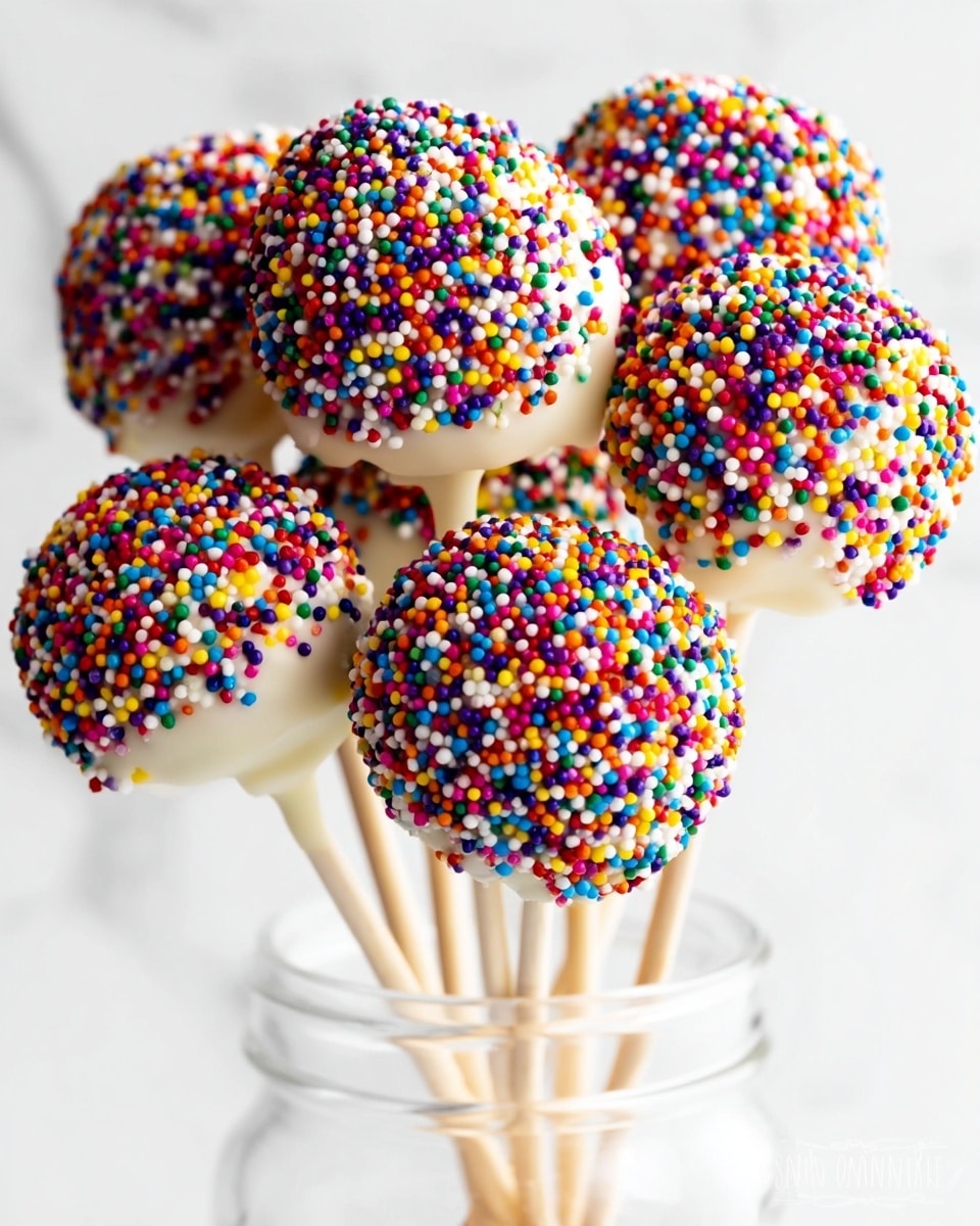 A close-up view of six cake pops coated in smooth white chocolate and generously covered with small, round, colorful sprinkles in red, blue, green, yellow, purple, orange, and white. The cake pops are arranged on wooden sticks, and they are placed inside a clear glass jar, showing the bottom half of the sticks. Each cake pop has a glossy textured surface where the white chocolate peeks through beneath the dense sprinkles. The background is a clean white marbled texture. photo taken with an iphone --ar 4:5 --v 7