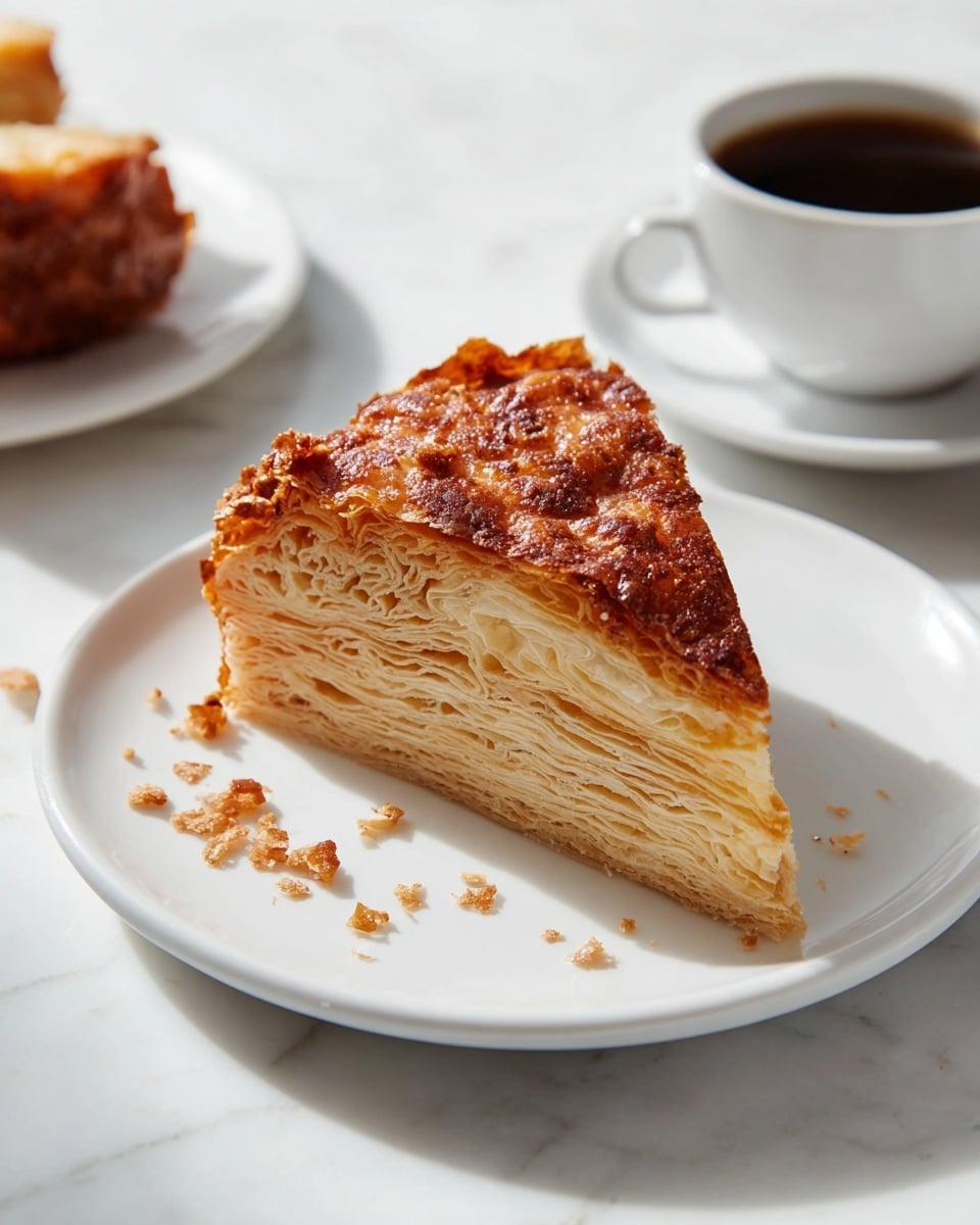 A slice of layered pastry with a golden-brown top crust that looks crunchy and slightly caramelized, sitting on a white plate. The pastry has many thin, soft, and flaky layers inside with a light beige color. Small crumbs are scattered around the slice on the plate. In the background, there is a white cup filled with dark coffee, and the whole scene is set on a white marbled surface with bright natural light. photo taken with an iphone --ar 4:5 --v 7