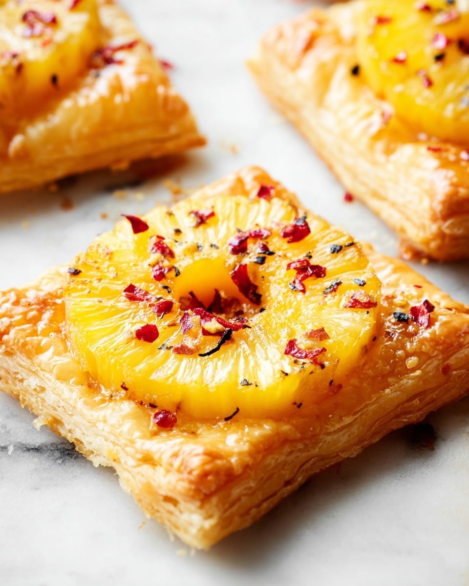 The image shows a close-up of a small square tart with two layers; the base is a light golden-brown flaky pastry with a slightly puffed and crispy texture. On top, there is one bright yellow pineapple ring with natural juicy textures, slightly glazed and sprinkled with small red chili flakes and black pepper bits, creating a contrast on the pineapple’s shiny surface. The tart is placed on white marbled texture, and parts of two similar tarts appear blurred in the background. Photo taken with an iphone --ar 4:5 --v 7