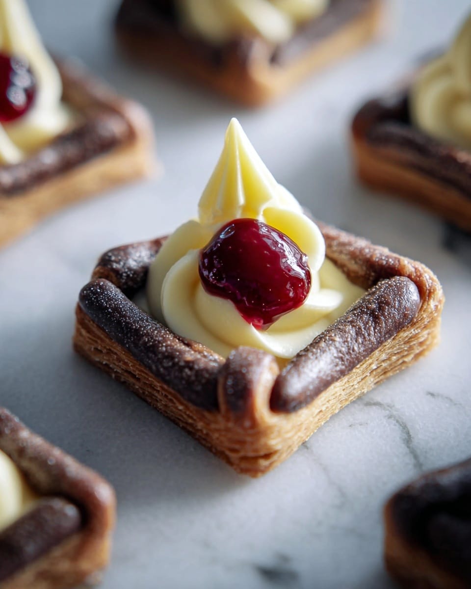 The image shows a close-up of a square-shaped pastry with three layers: the base layer is a thick dark brown dough twisted at the bottom corners, creating a folded texture with visible grainy details. Inside the square, there is a smooth, pale yellow cream piped in a three-pointed shape, and on top of it sits a glossy, deep red cherry or berry jam dollop in the center. The pastries are placed on a white marbled texture surface with soft natural lighting that highlights the shiny and creamy textures. photo taken with an iphone --ar 4:5 --v 7