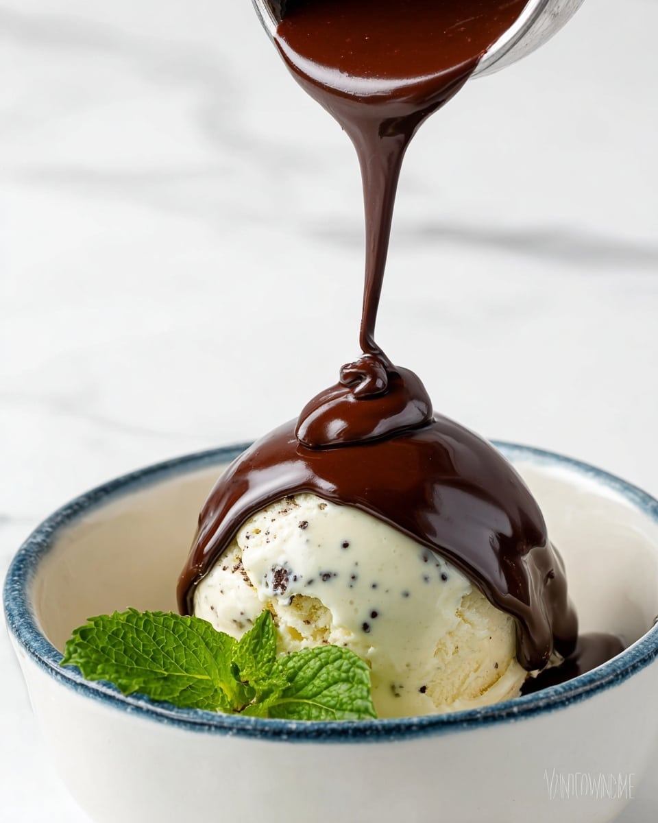 A single scoop of creamy vanilla ice cream with small black specks sits in a white bowl with a blue rim. Rich, glossy dark chocolate sauce is being poured over the scoop from above, smoothly covering the top and sides. A small fresh green mint leaf sits next to the ice cream inside the bowl. The background is a white marbled texture. Photo taken with an iphone --ar 4:5 --v 7