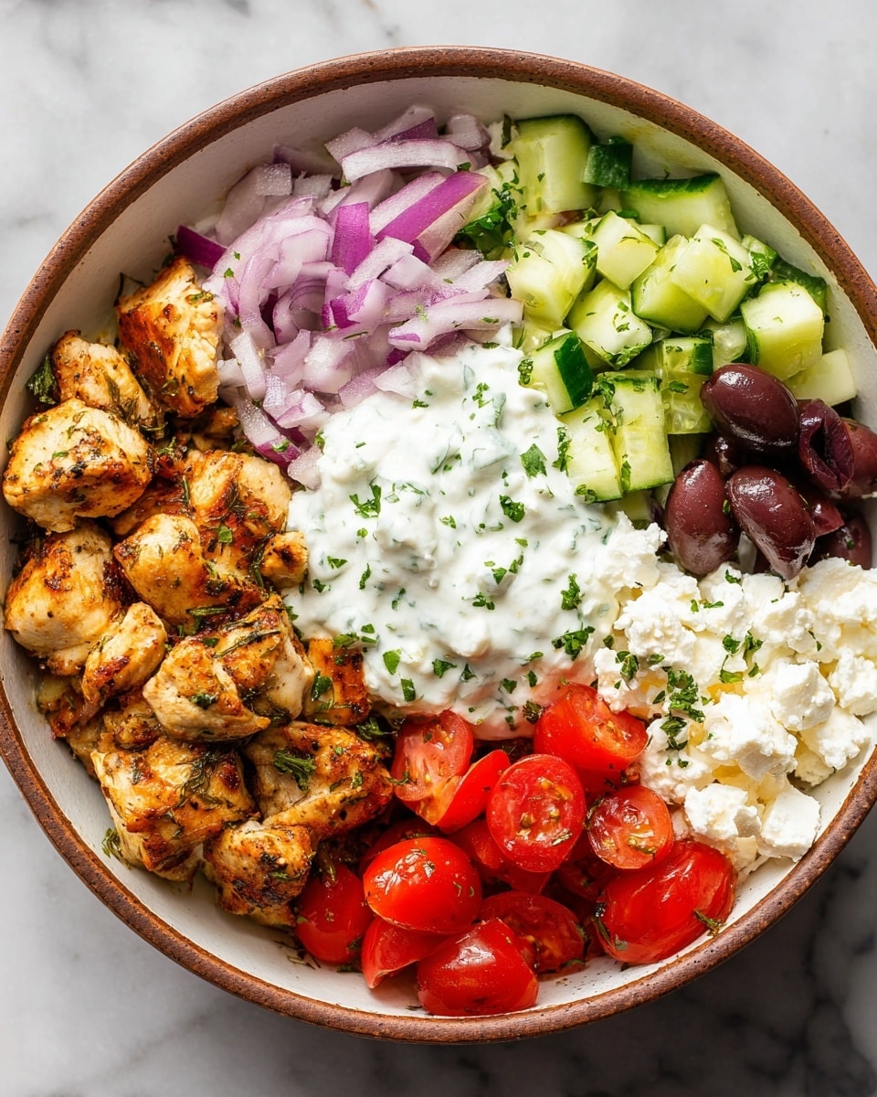The dish is served in a round white bowl with a brown rim, placed on a white marbled texture. Inside the bowl, there are six distinct sections: on the left, golden-brown grilled chicken pieces with herbs; on the top, light green chopped cucumber pieces; to the right of the cucumber, finely chopped purple onion; below the onion, dark purple Kalamata olives cut in halves; below the olives, crumbled white feta cheese; and below the chicken, bright red halved cherry tomatoes. In the center of the bowl, there is a dollop of white creamy tzatziki sauce garnished with chopped green herbs. Photo taken with an iphone --ar 4:5 --v 7