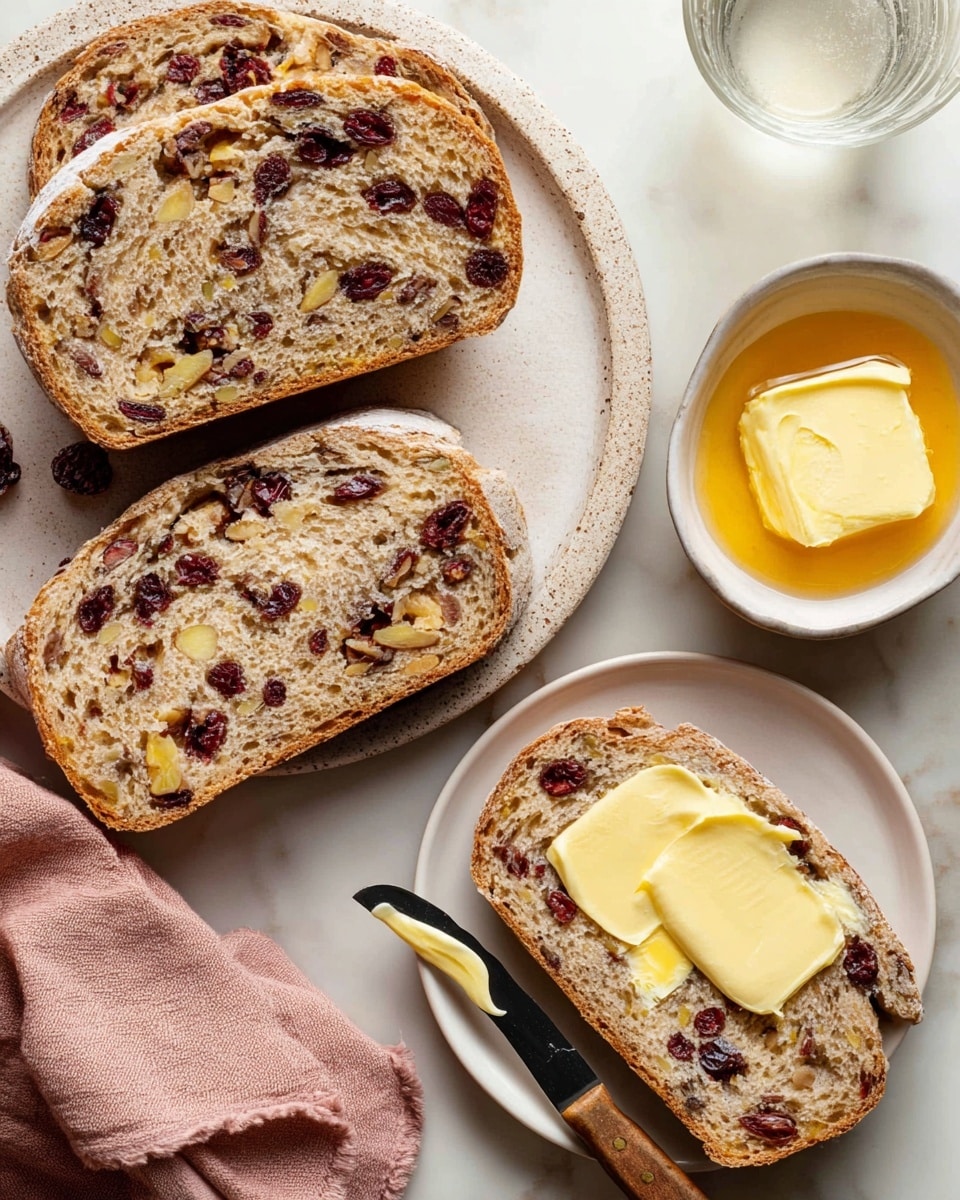 A close-up image shows two slices of rustic bread with a rough texture and visible pieces of nuts and dried fruit. On top of the upper slice, three uneven swirls of light yellow butter spread smoothly, with a creamy texture. A woman's hand gently holds the bread slice, with fingers touching the edges. The bread rests on a light-colored board, and part of a white bowl with pale yellow butter is seen in the top left corner. The background is a white marbled texture. photo taken with an iphone --ar 4:5 --v 7