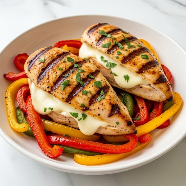 Two pieces of grilled chicken breast with a golden brown crust sit on top of a bed of cooked red and yellow bell pepper strips. The chicken breasts are stuffed with melted white cheese that oozes out, showing a gooey texture inside. The chicken is sprinkled with chopped green herbs, adding a fresh touch. The dish is served in a white bowl, placed on a white marbled surface. photo taken with an iphone --ar 4:5 --v 7