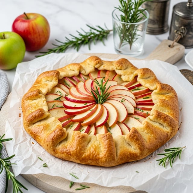 A round galette with golden brown, thick crust folded up unevenly around the edge, topped with thin, overlapping apple slices arranged in a circular pattern from the inside out, the apples having red edges and a creamy white interior. Small green herb leaves are sprinkled on top of the apples, and a small sprig of fresh rosemary sits in the center. The galette rests on crumpled parchment paper placed on a light wooden board, with some rosemary sprigs scattered nearby. The background is a white marbled texture with part of a red and green apple, a clear glass with a rosemary stem, and metallic vintage objects visible. Photo taken with an iphone --ar 4:5 --v 7