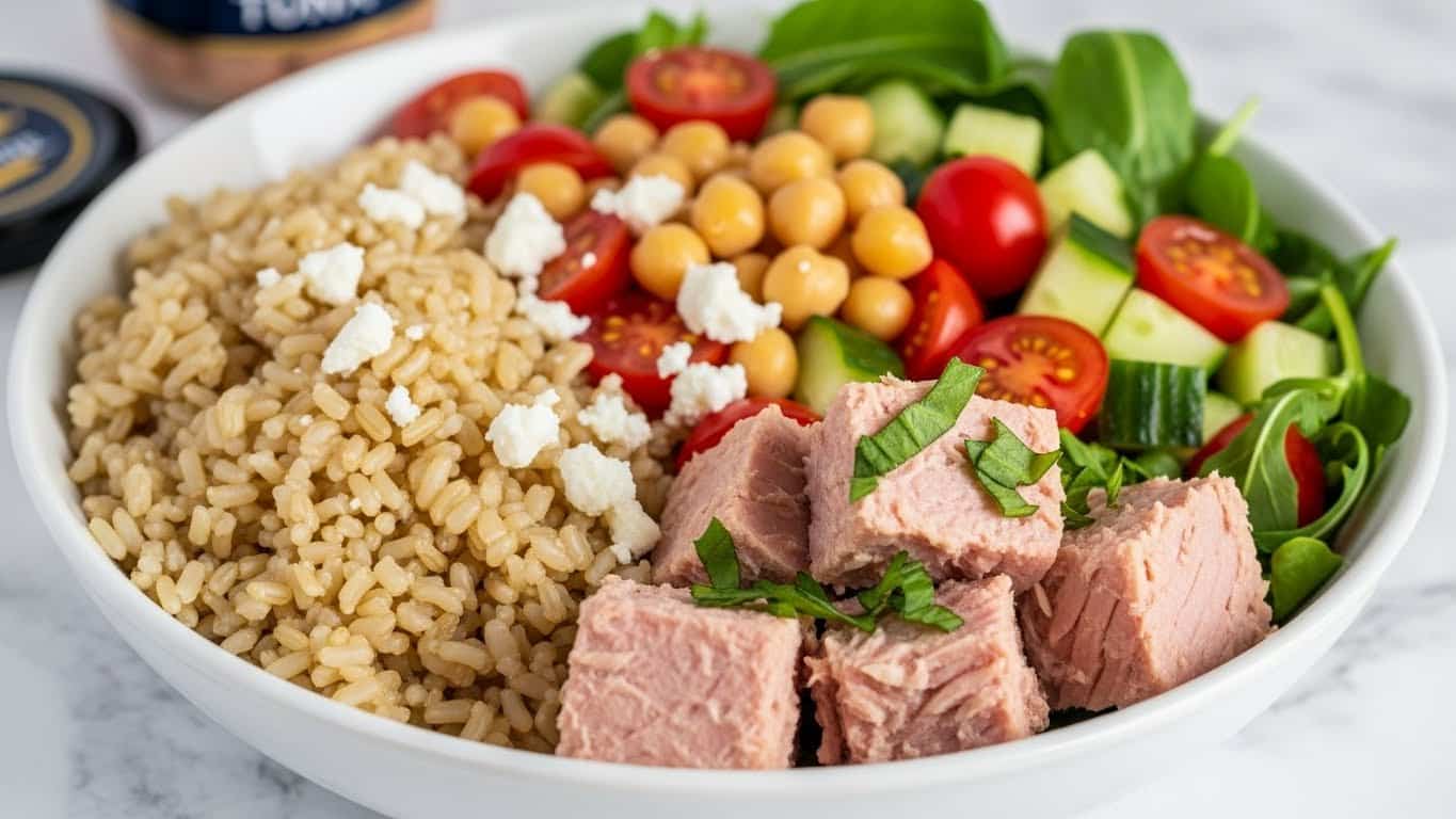 A white bowl filled with three main layers: on the left side, a heap of brown rice with a grainy texture; in the middle and right side, a mix of chickpeas, sliced cherry tomatoes, chopped cucumber, and green leafy herbs, all fresh and colorful; on the front right, several pale pink pieces of tuna chunks, slightly flaky, topped with some green herbs; a few small white cheese crumbles are scattered over the rice and salad. The bowl sits on a white marbled surface with a blurred jar of tuna in gold and dark blue colors visible in the background. Photo taken with an iphone --ar 4:5 --v 7