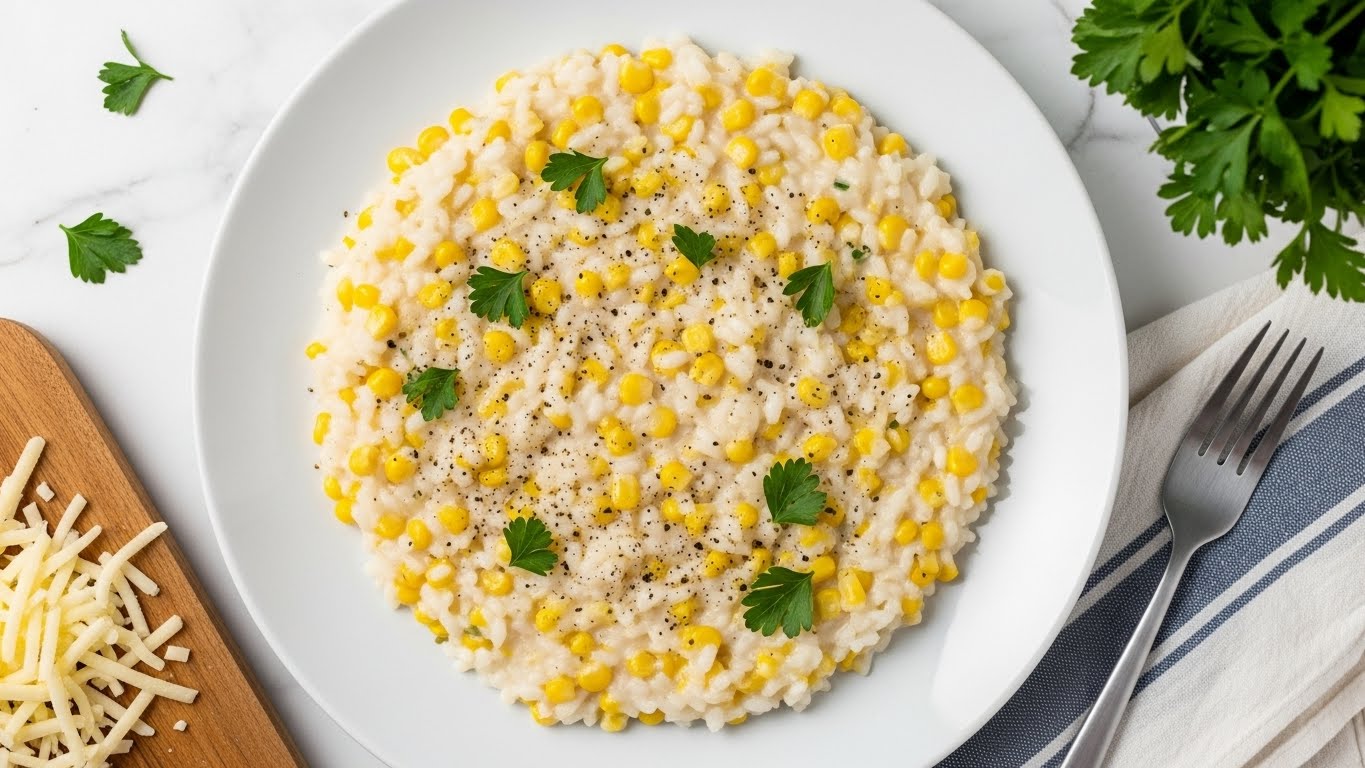 A white plate holds a creamy risotto mixed with yellow corn kernels, creating a blend of white and light yellow colors with a soft, slightly thick texture. The risotto is evenly spread in a circular shape, sprinkled with small green parsley leaves and coarse black pepper for a bit of contrast and freshness. The plate is set on a white marbled surface with a small bunch of green parsley visible in the upper right corner and a fork resting on a blue and white striped cloth napkin on the lower right side. Some shredded pale yellow cheese is on a wooden cutting board in the bottom left corner. photo taken with an iphone --ar 4:5 --v 7