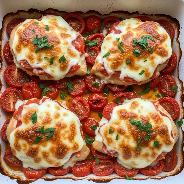 A white baking dish filled with four large chicken breasts covered in a layer of melted golden brown cheese with spots of deeper browning. The chicken rests on a bed of halved roasted red cherry tomatoes that are soft and slightly caramelized. Small green parsley pieces are sprinkled evenly over the cheese topping and tomatoes, adding a fresh contrast. The edges of the dish show some cooked-on juices and slight browning from baking. photo taken with an iphone --ar 4:5 --v 7