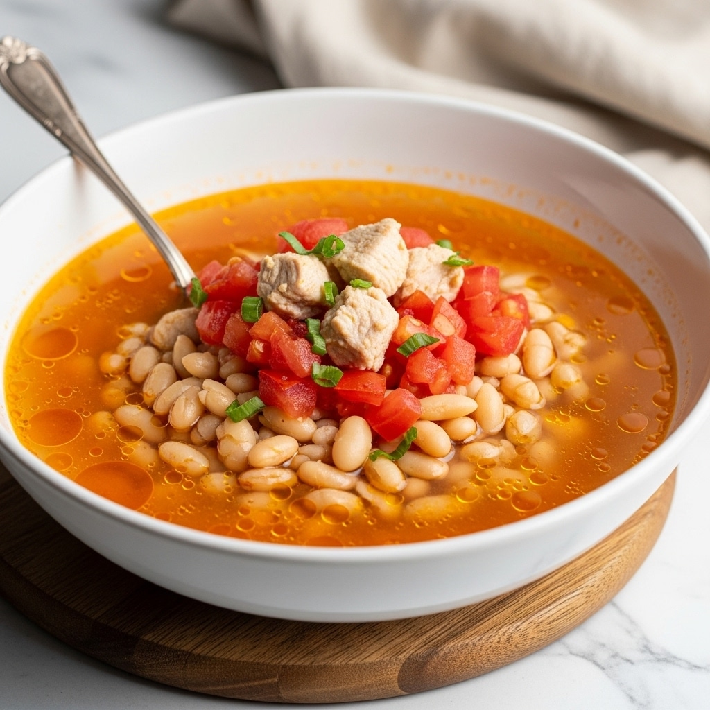 A large white bowl filled with soup placed on a wooden board over a white marbled surface shows three main layers: the base layer is a clear orange broth with visible oil sheen, the middle layer contains white beans scattered throughout, and the top layer consists of small chunks of cooked chicken and diced bright red tomatoes, with small green herb bits sprinkled over. A vintage silver spoon stands inside the bowl, and a light beige cloth is blurred in the background. photo taken with an iphone --ar 4:5 --v 7