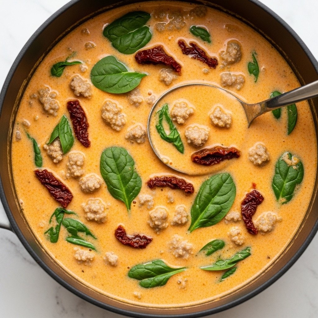 The image shows a close-up of a creamy soup with three main visual layers: a thick, orange cream base with a smooth texture, small light brown chunks of ground meat spread evenly, and bright green spinach leaves floating on the surface. Sun-dried tomato pieces add dark red pops of color scattered throughout, contrasting with the creamy base. A silver ladle is partially submerged on the right side, lifting some soup to reveal the consistent mix of ingredients. The dish is inside a black pot placed on a white marbled surface. Photo taken with an iphone --ar 4:5 --v 7