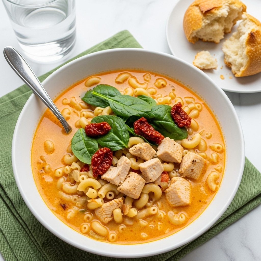 A white bowl is filled with creamy soup, showing three main layers: the creamy orange broth, curved macaroni pasta, and chunks of light brown cooked chicken scattered throughout. Bright green leafy spinach pieces and small red sun-dried tomatoes float on the top layer, giving color contrast. A silver spoon rests inside the bowl on the left side. Beside the bowl, there is a broken piece of crusty bread on a white plate and a glass of water to the left, all set on a white marbled surface with a green cloth underneath the bowl. photo taken with an iphone --ar 4:5 --v 7