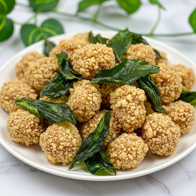 This image shows a white plate filled with small, golden-brown fried chicken pieces that have a crispy, crumbly texture. Mixed among the chicken pieces are dark green fried leaves adding contrast to the dish. The coating on the chicken is uneven, giving it a rough, crunchy look, while the colors range from light beige to darker brown spots. The plate is placed on a white marbled surface, with some green leafy stems blurred in the background. photo taken with an iphone --ar 4:5 --v 7