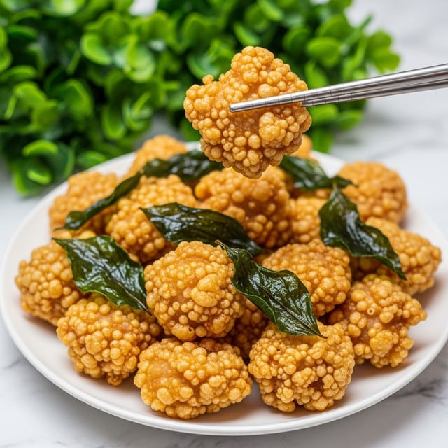 The image shows a close-up of a piece of crispy fried chicken held by metal chopsticks above a white plate filled with many more pieces of golden-brown fried chicken. Each chicken piece has a rough, puffy texture with small bubbles on the surface, creating a crunchy look. Scattered among the chicken pieces are dark green, slightly wrinkled leaves that add a contrasting color. The plate sits on a white marbled surface, and in the background, there is a blurred cluster of fresh green leaves. photo taken with an iphone --ar 4:5 --v 7