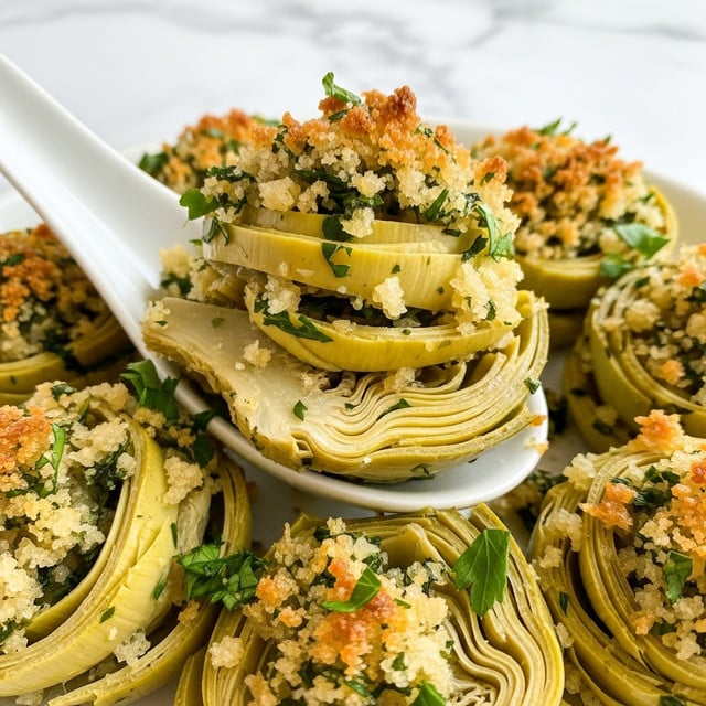 The image shows a close-up of a dish made with pieces of artichoke hearts layered with a crunchy, golden brown breadcrumb topping mixed with green herbs. The artichoke layers are pale yellow with soft, curled edges, scattered throughout with small bits of green parsley. A white ceramic spoon is scooping some of the artichoke and breadcrumb mixture from a pile, highlighting the texture and color contrast between the soft vegetable and the crispy topping. The background is a white marbled texture. photo taken with an iphone --ar 4:5 --v 7