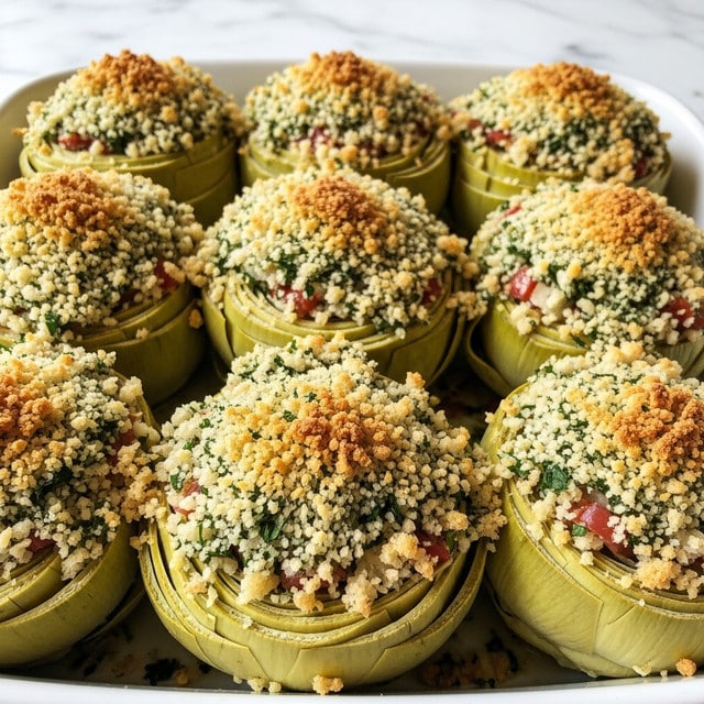 The dish shows layered artichoke hearts cut in halves or quarters, arranged closely side by side in a white baking dish. The artichoke pieces are pale yellow and light green with a soft texture. On top, there is a thick, even layer of crisp, golden-brown breadcrumbs mixed with finely chopped green herbs, giving the surface a crunchy texture and a speckled green look. The breadcrumbs are spread in a way that fills the spaces between the artichoke pieces, creating a textured topping that contrasts with the smooth artichokes underneath. The background is a white marbled surface. photo taken with an iphone --ar 4:5 --v 7