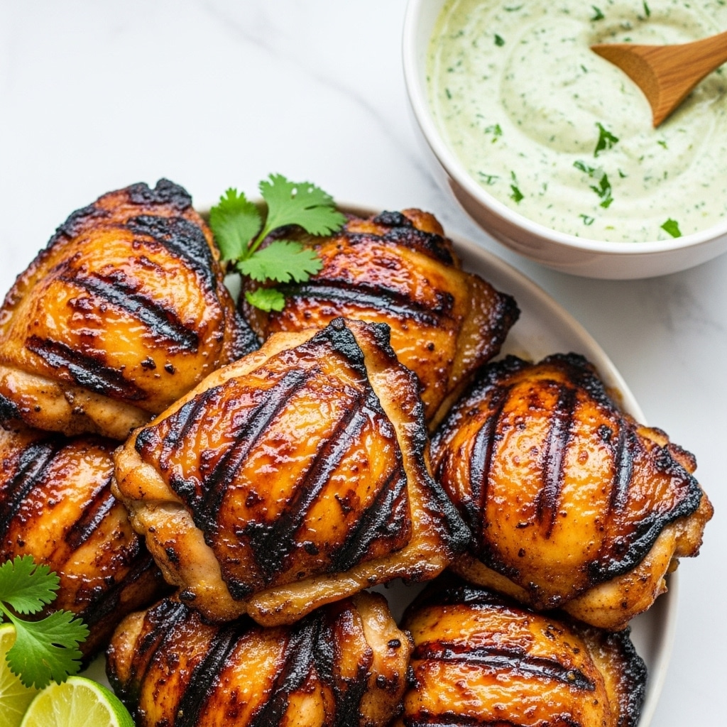 A close-up view of grilled chicken thighs with a shiny, glazed surface showing charred grill marks and a mix of golden and dark brown colors. The chicken pieces are stacked closely together on a white plate with a few bright green cilantro leaves and pale lime wedges peeking from underneath. To the upper right, there is a white bowl filled with a thick, pale green sauce speckled with herbs, accompanied by a wooden spoon partly visible inside the bowl. The background is a white marbled texture. photo taken with an iphone --ar 4:5 --v 7