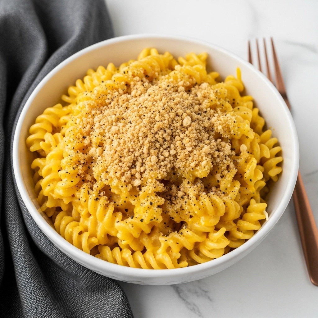 A close-up view of a white bowl filled with creamy macaroni and cheese made with spiral pasta. The macaroni is covered in a bright yellow cheese sauce, topped with a golden-brown crumbly breadcrumb layer sprinkled with black pepper. The bowl sits on a white marbled surface, next to a dark gray cloth napkin on the left and a small copper fork on the right. photo taken with an iphone --ar 4:5 --v 7