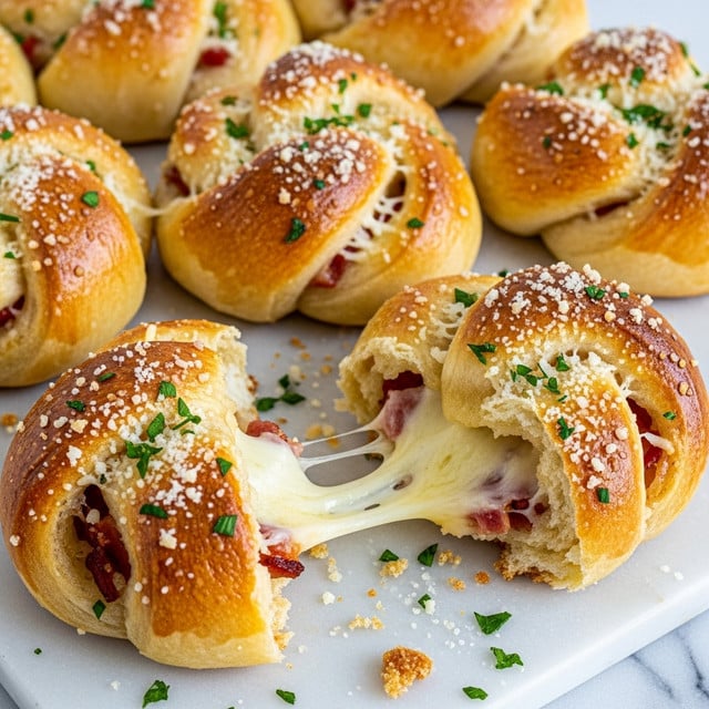The image shows a close-up of several golden-brown baked rolls on a white marbled surface. Each roll has about three visible layers of dough, twisted and shaped into a knot with a soft, slightly crispy texture. The rolls are topped with sprinkled parmesan cheese and green herbs, adding specks of white and green on the golden crust. One roll is broken open, revealing melted, creamy cheese stretching from the inside with bits of herbs and some reddish filling hinting at bacon or ham. The surface is scattered with small crumbs and herbs, giving a fresh, homemade look. photo taken with an iphone --ar 4:5 --v 7